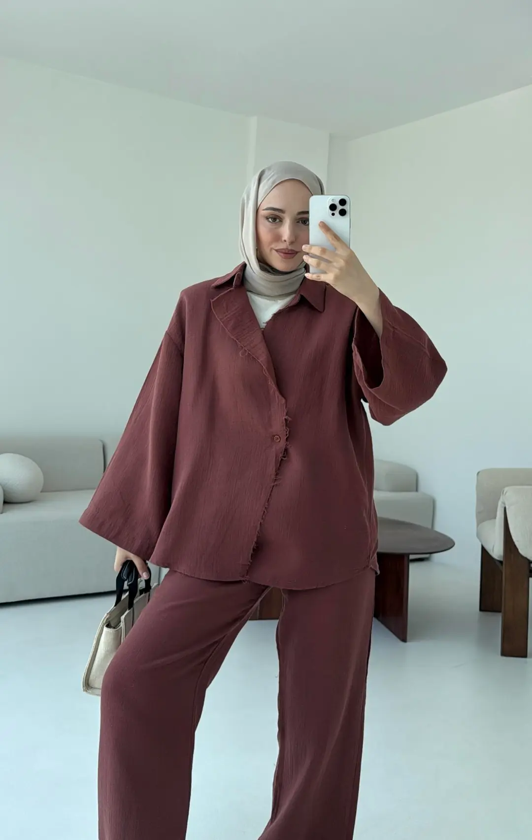 Müslin Düğmeli Kimono Takım Kiremit