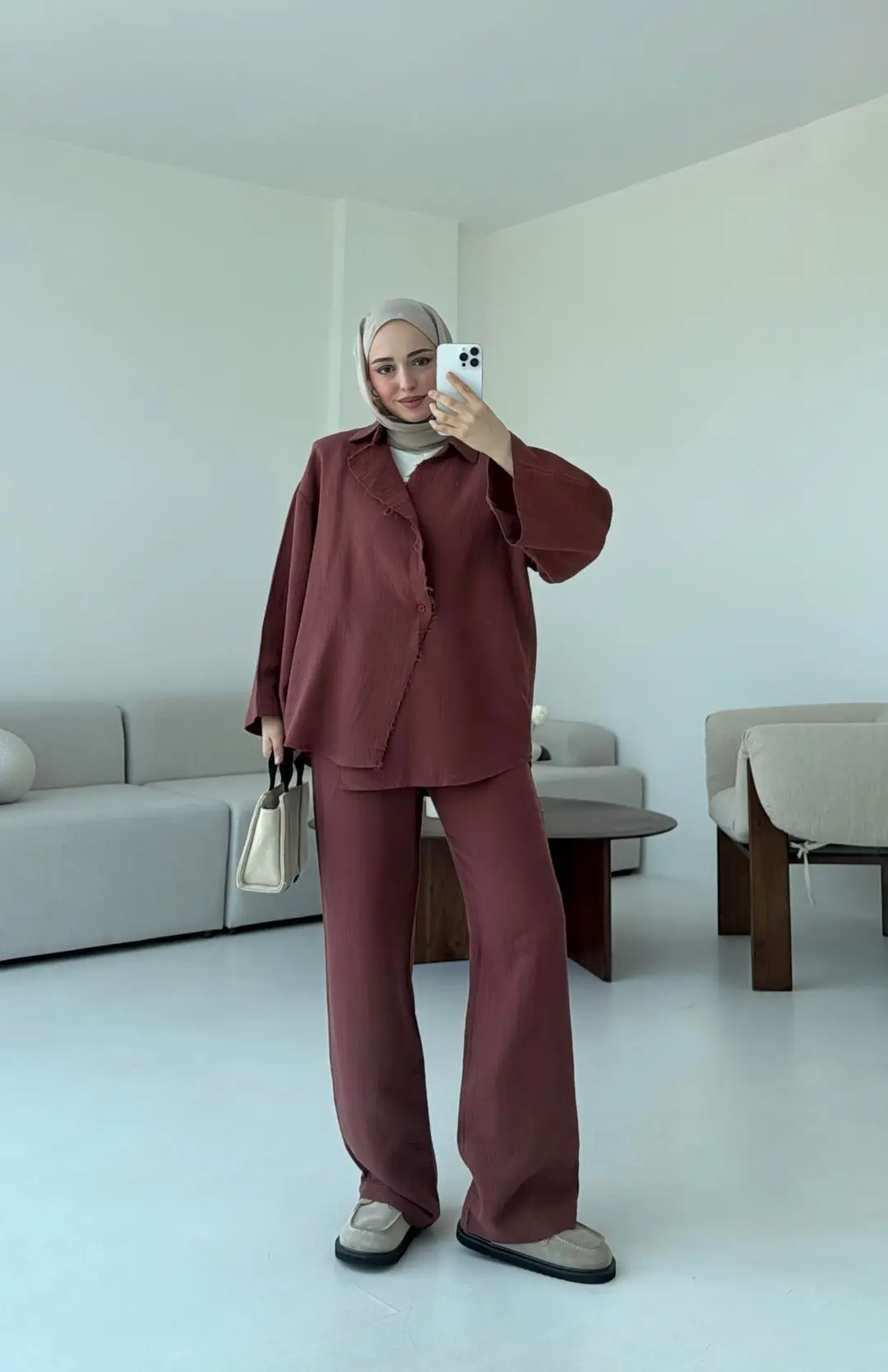 Müslin Düğmeli Kimono Takım Kiremit