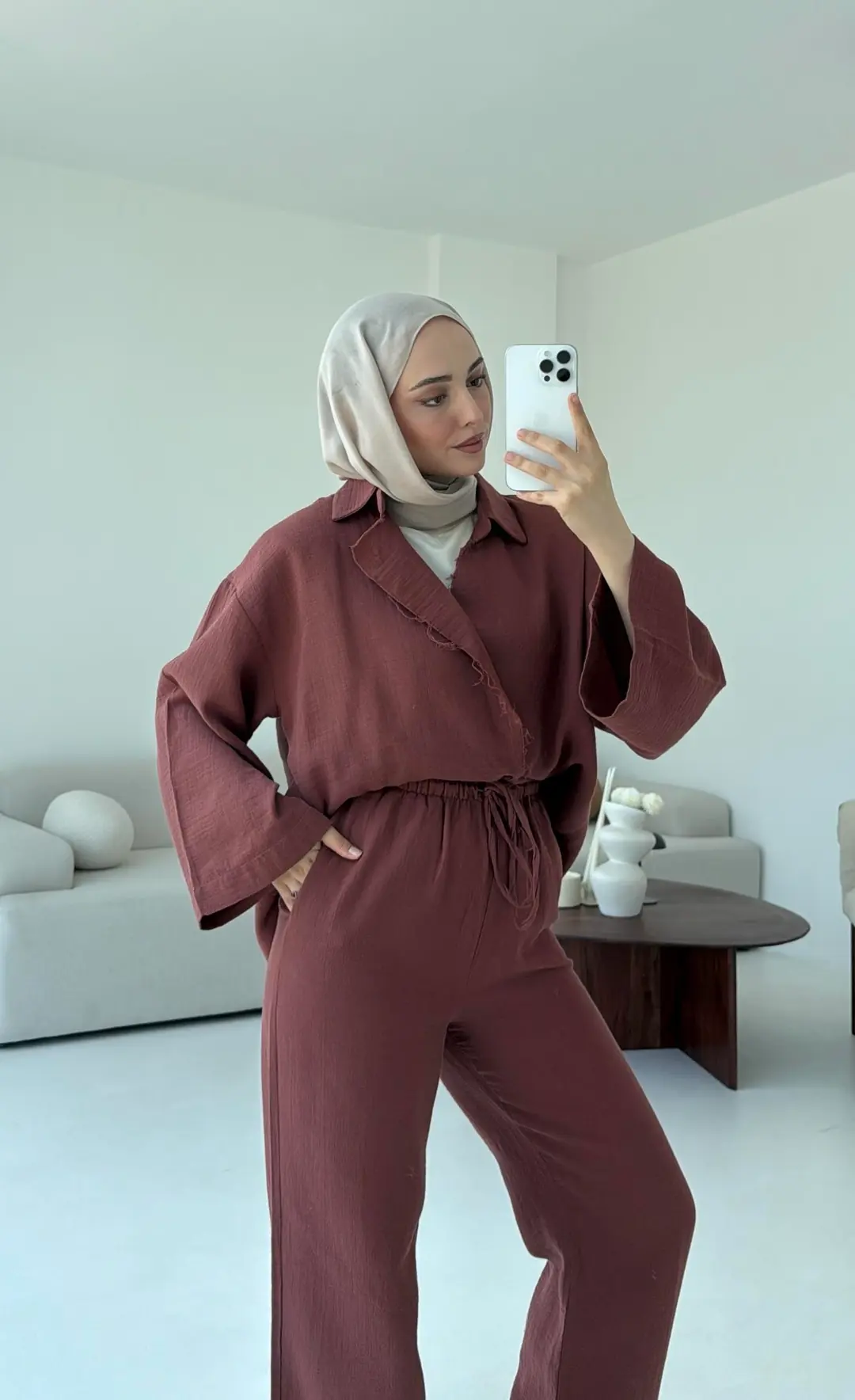 Müslin Düğmeli Kimono Takım Kiremit