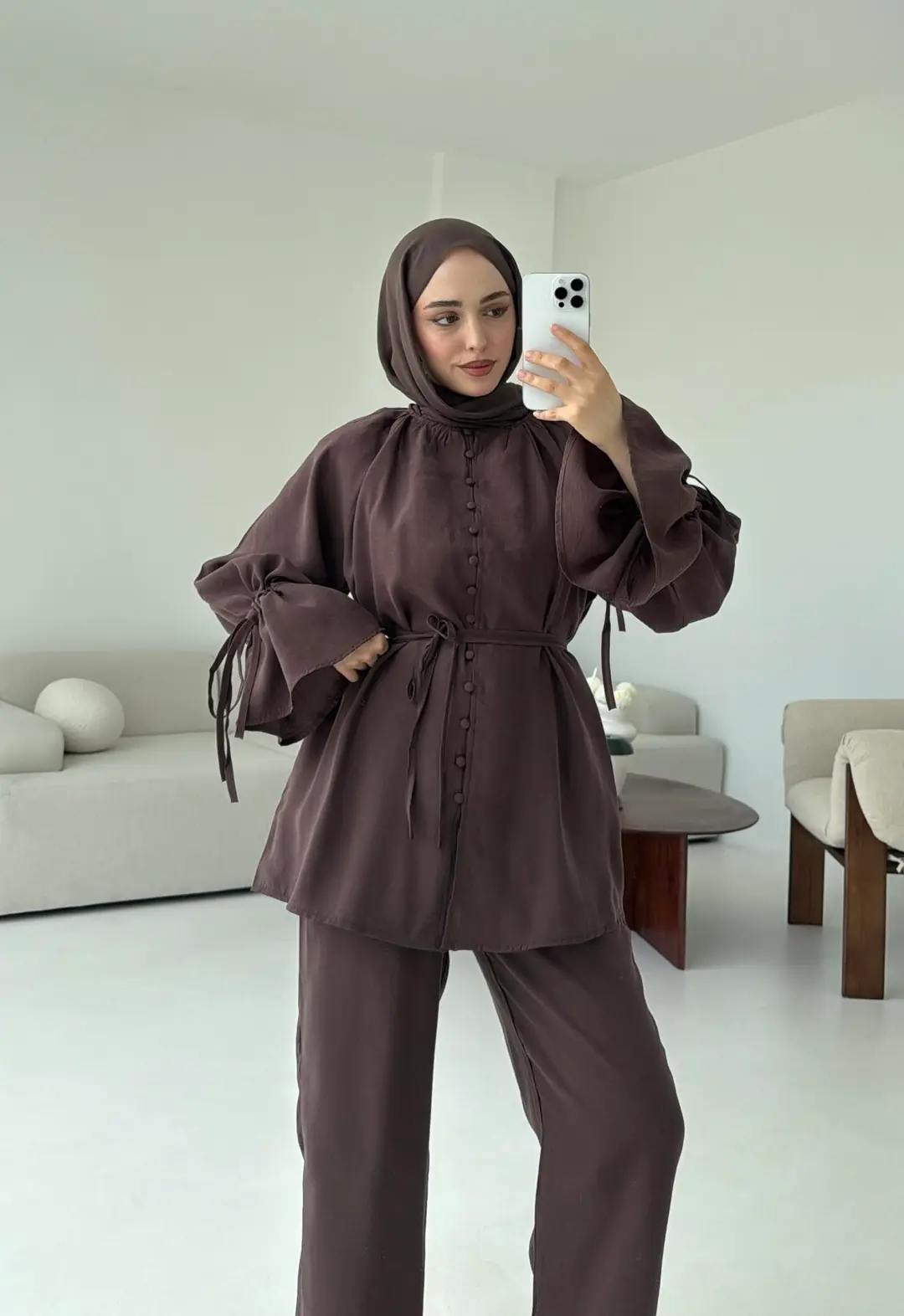 Birit  Düğmeli Tencel Takım Kahve