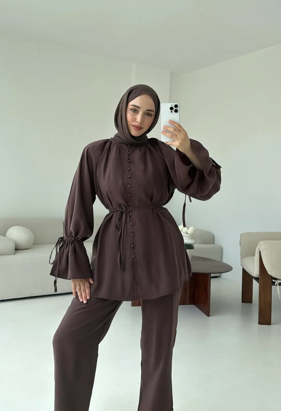 Birit Düğmeli Tencel Takım Kahve