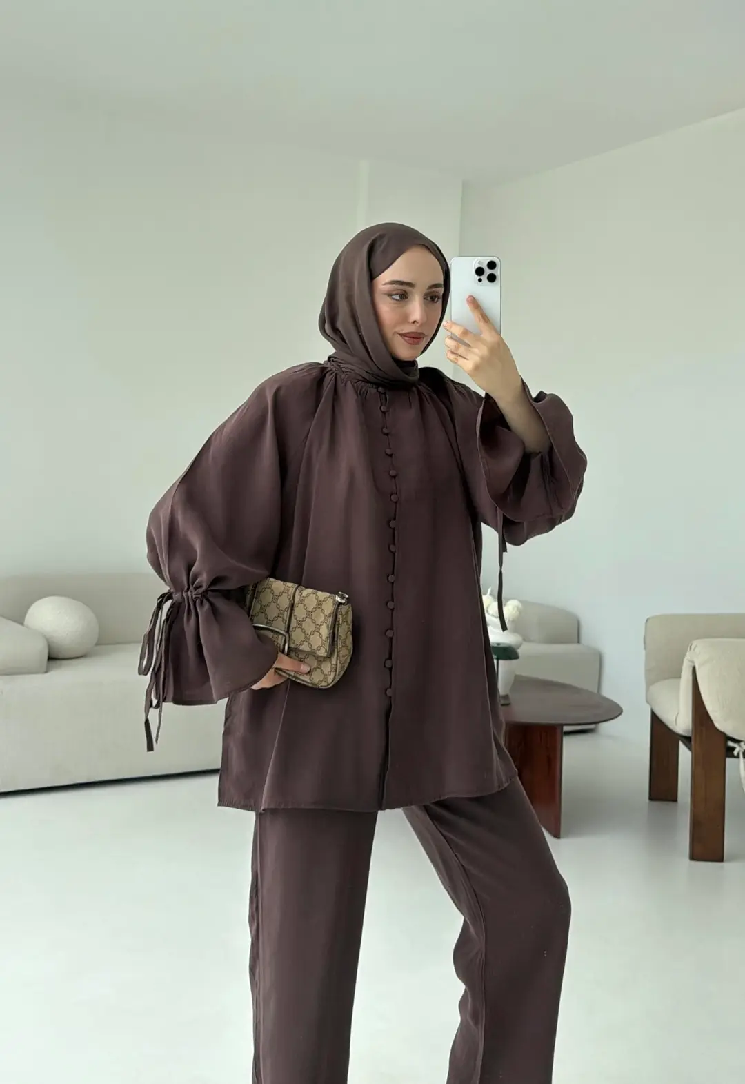 Birit Düğmeli Tencel Takım Kahve