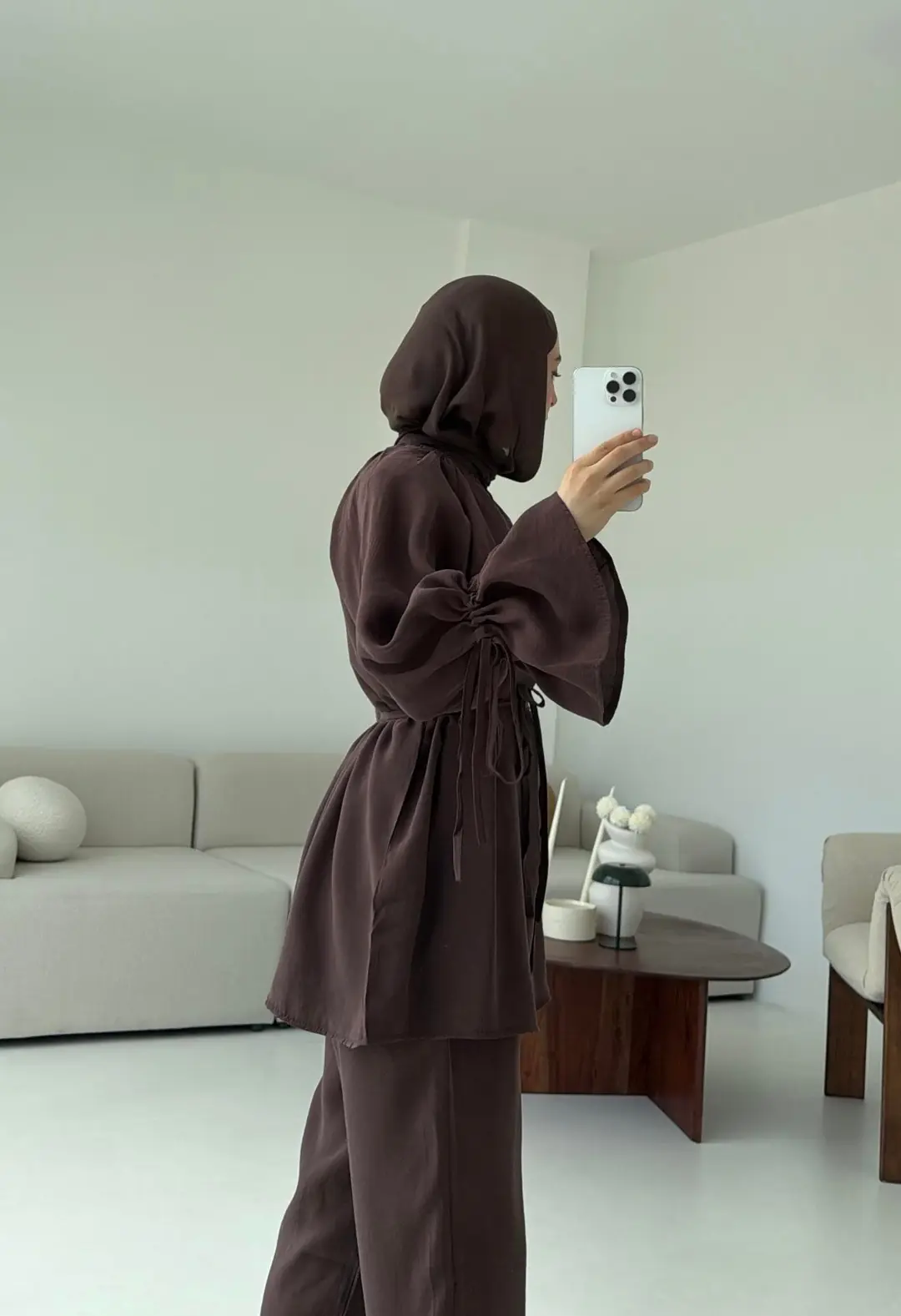 Birit Düğmeli Tencel Takım Kahve