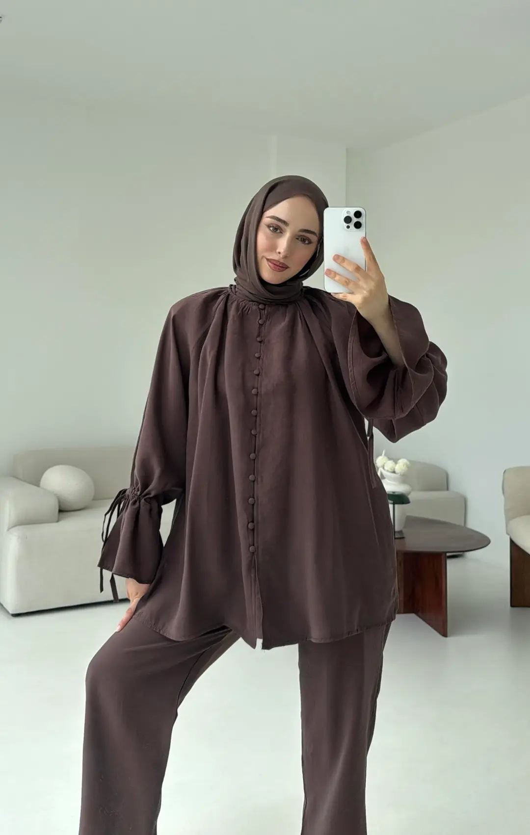 Birit Düğmeli Tencel Takım Kahve