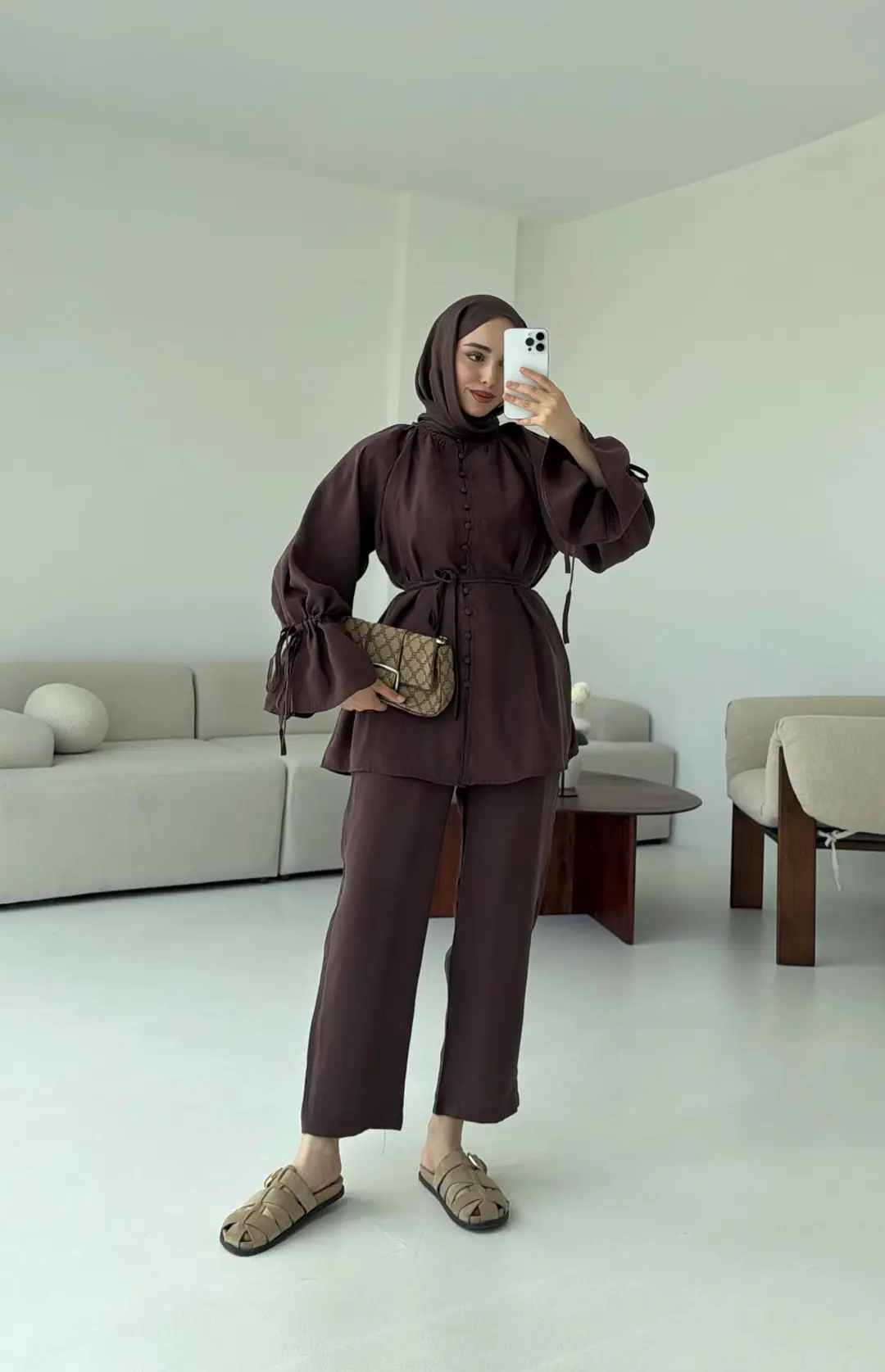 Birit Düğmeli Tencel Takım Kahve