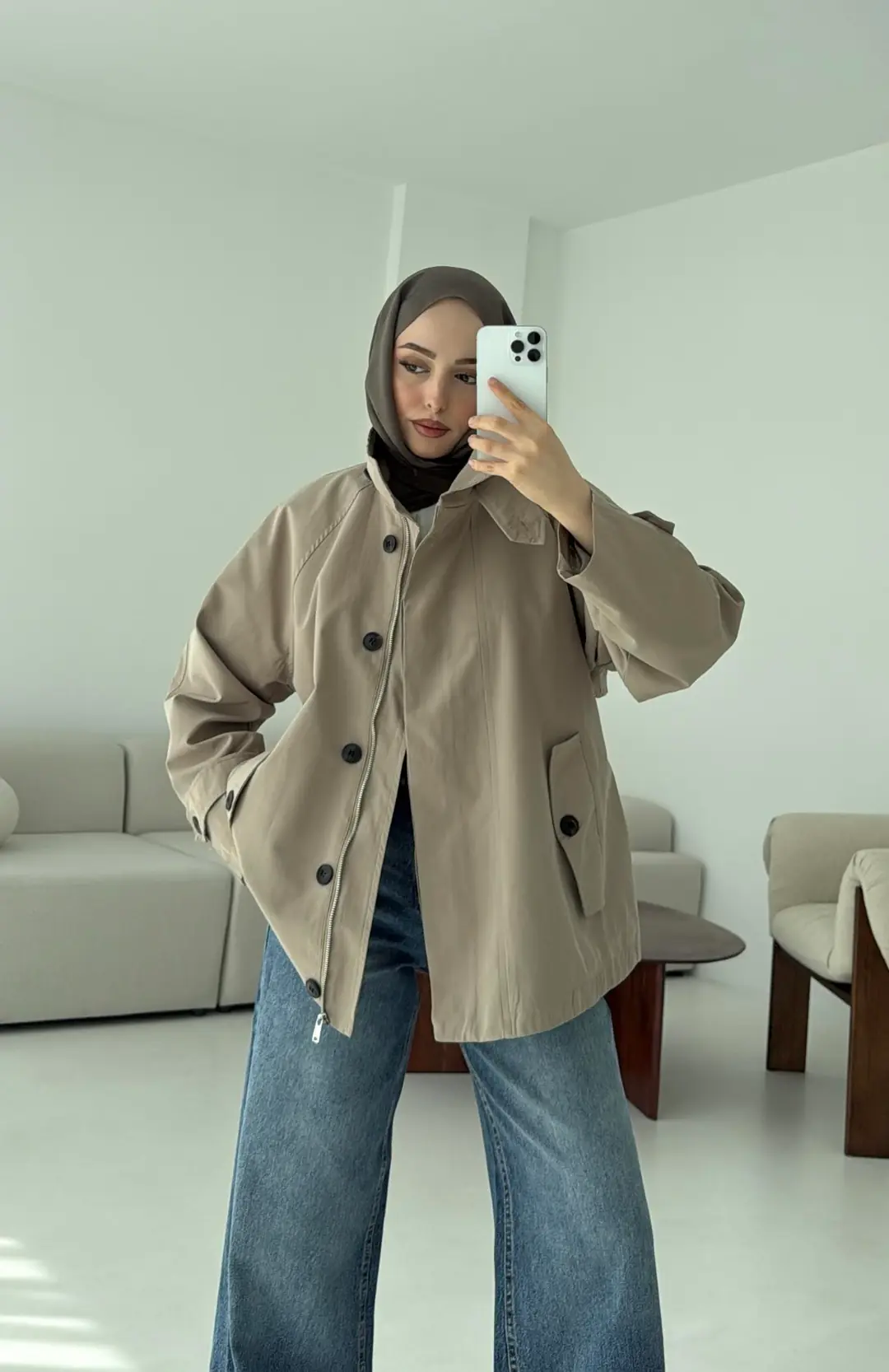 Minimal Yakalı Trençkot Vizon