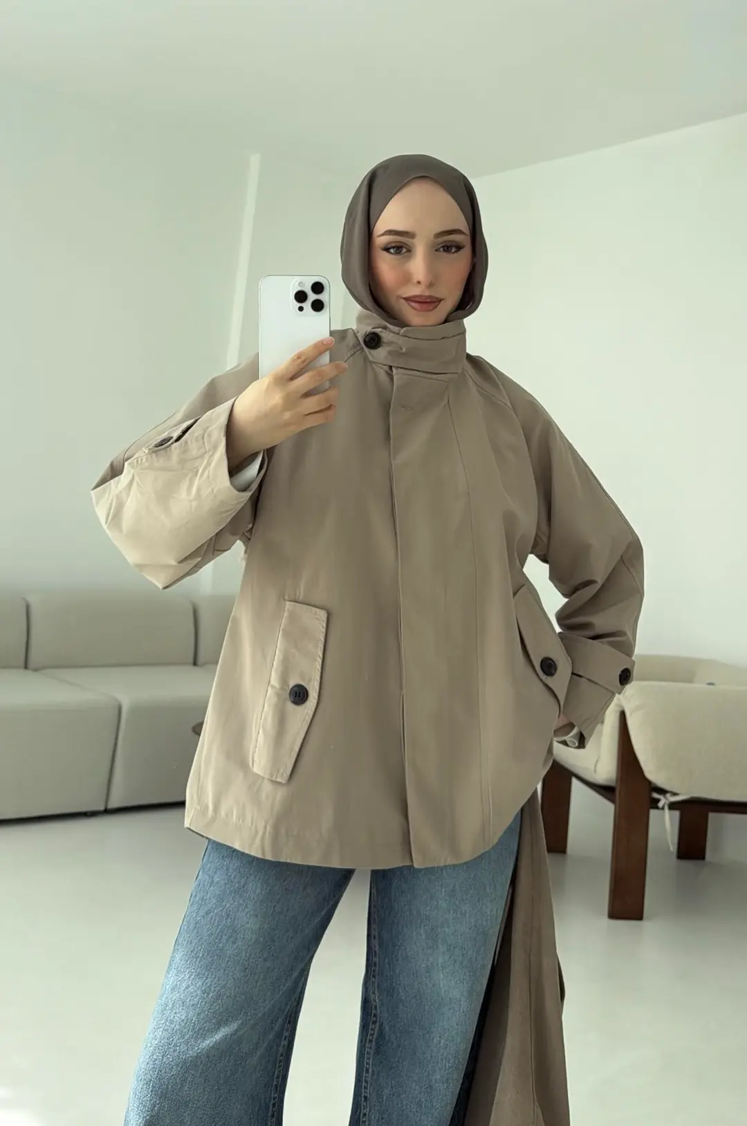 Minimal Yakalı Trençkot Vizon