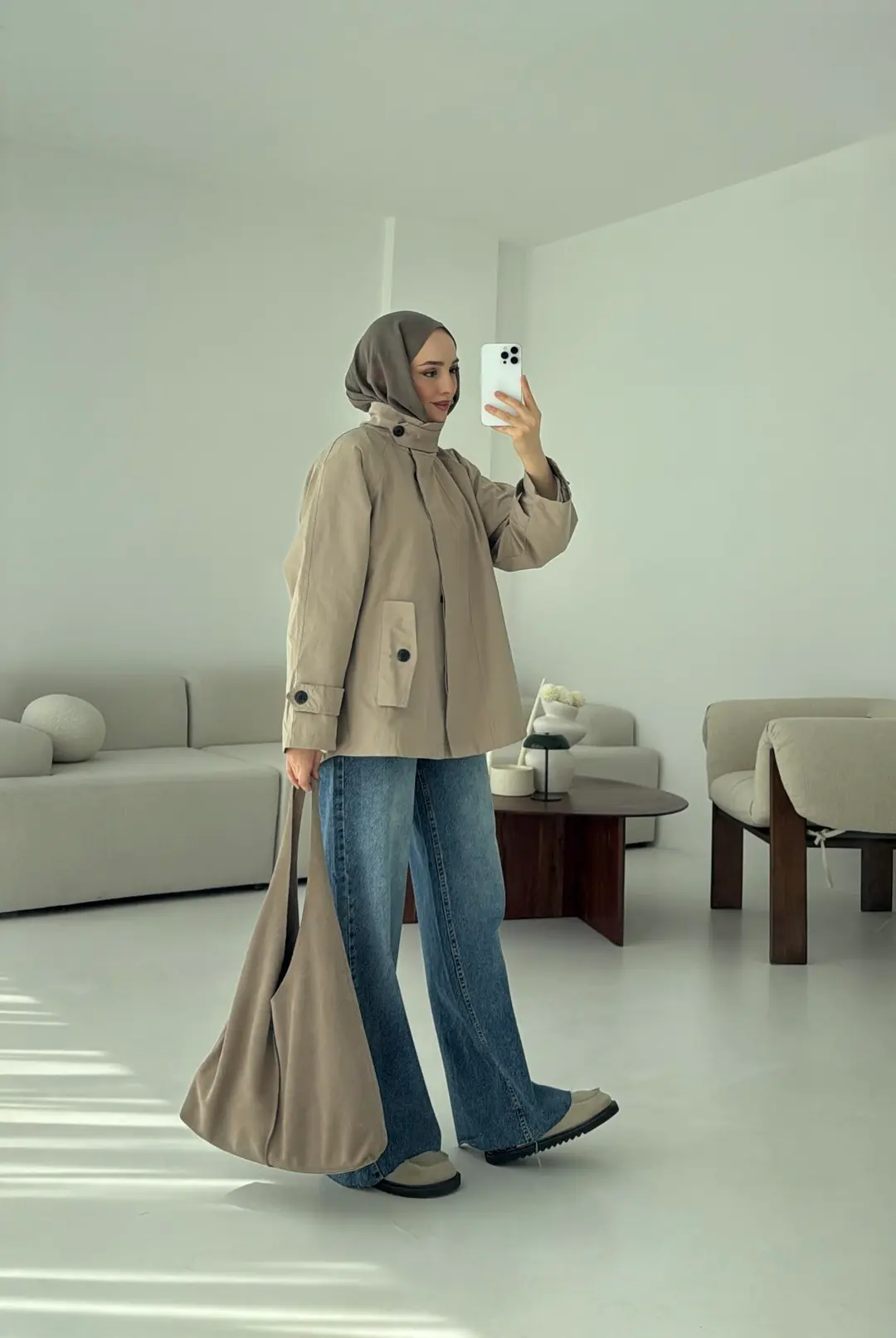 Minimal Yakalı Trençkot Vizon