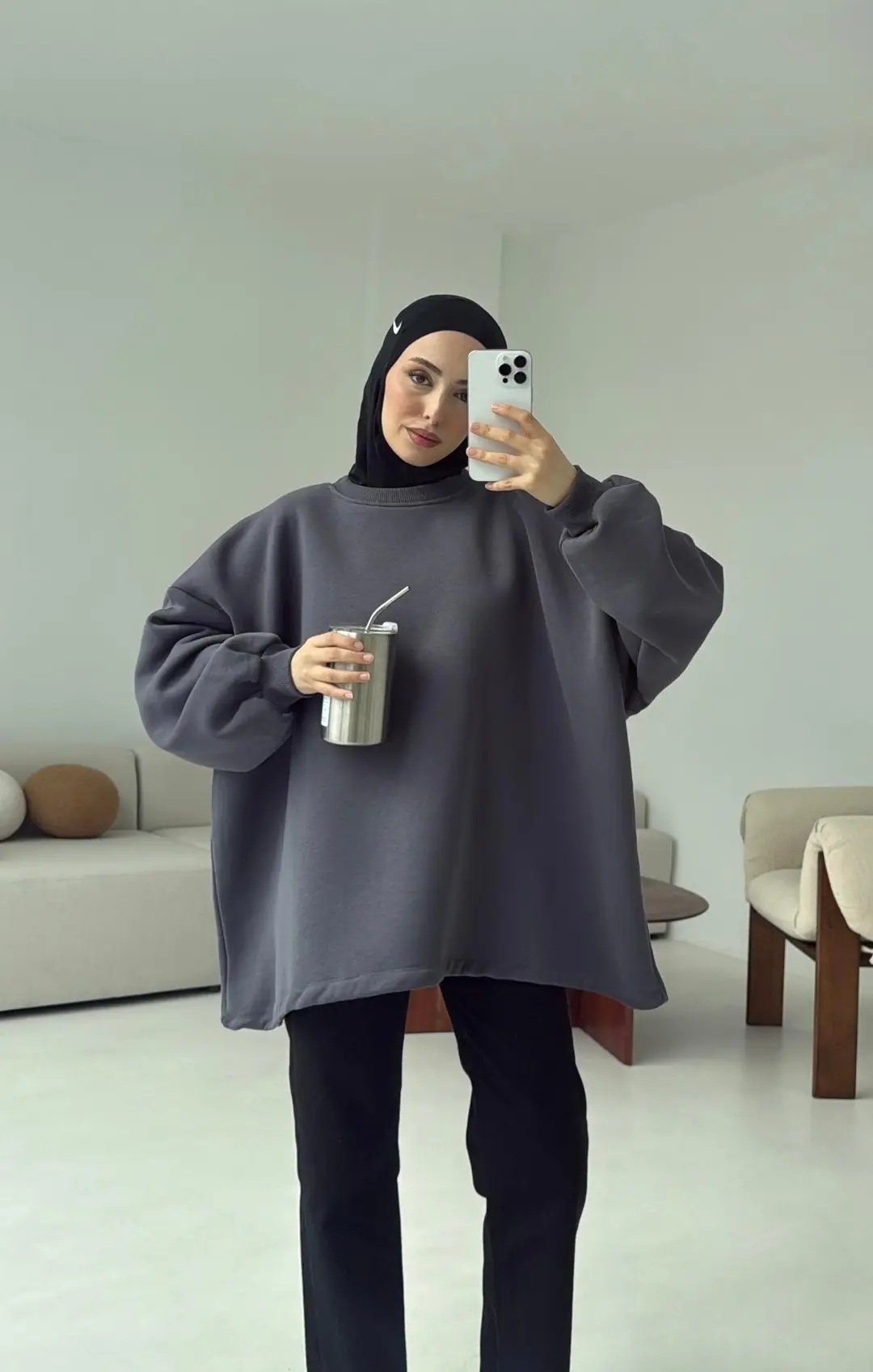 Oversize Şardonlu Sweatshirt Antrasit