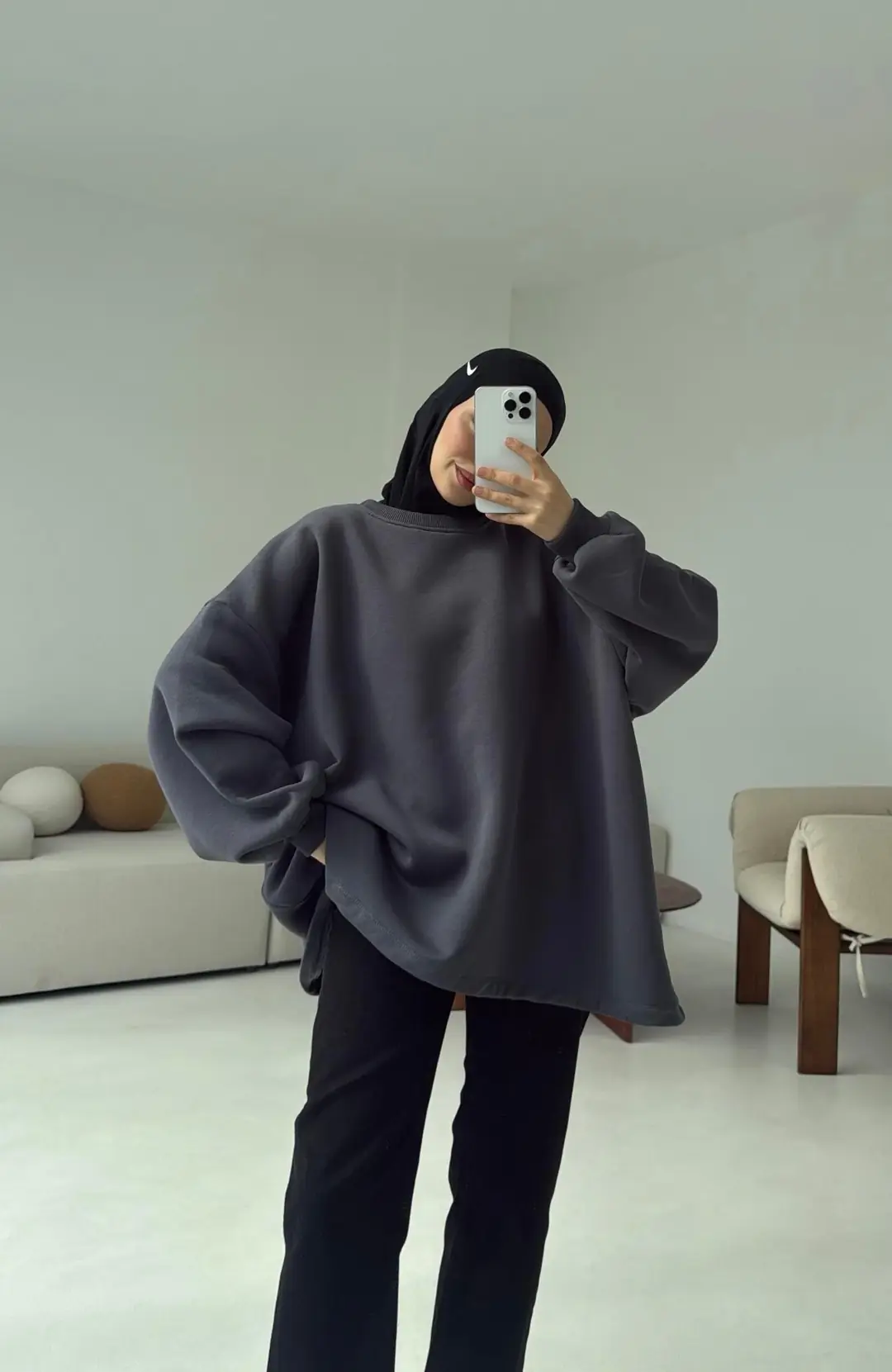 Oversize Şardonlu Sweatshirt Antrasit