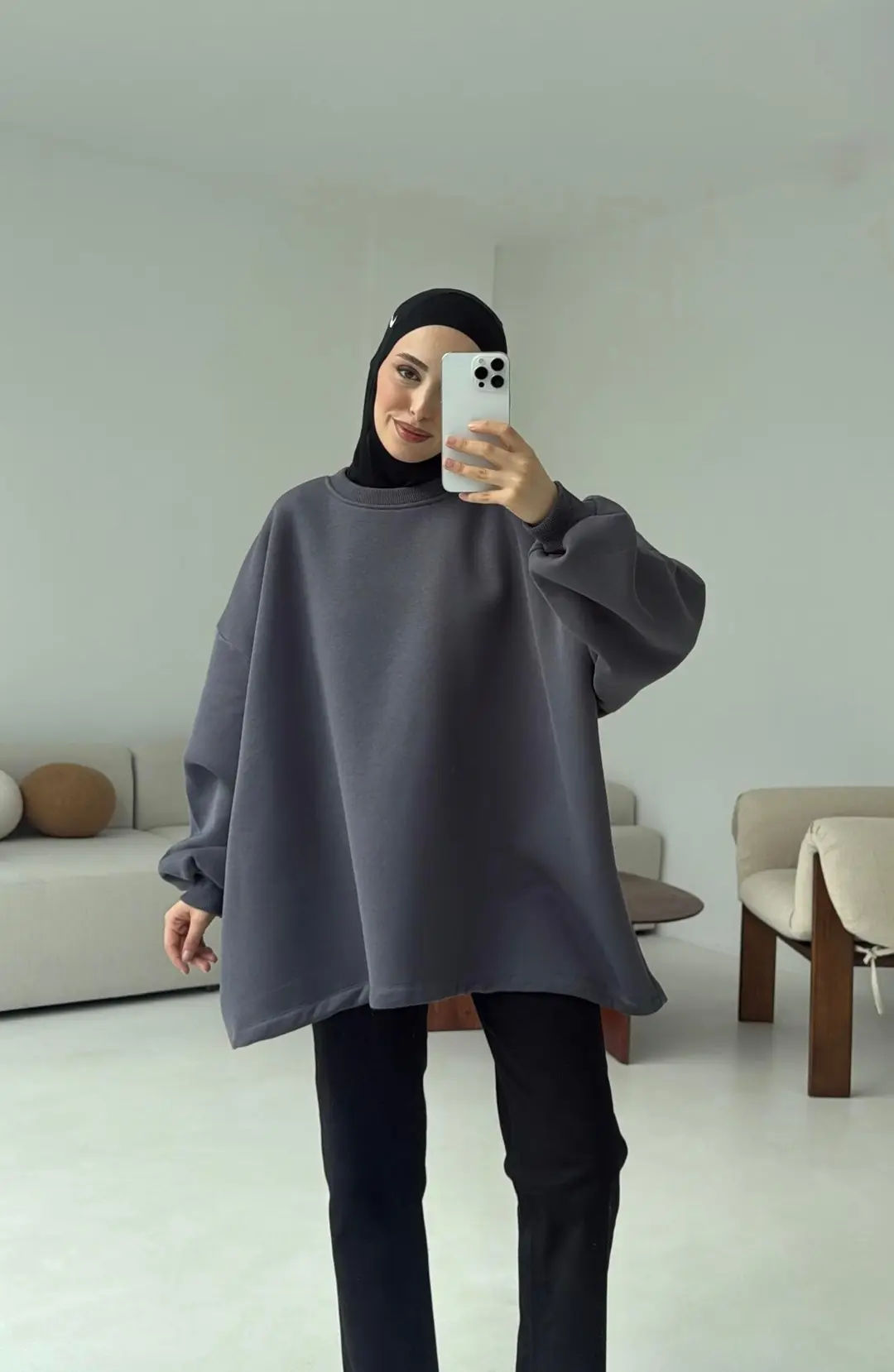 Oversize Şardonlu Sweatshirt Antrasit