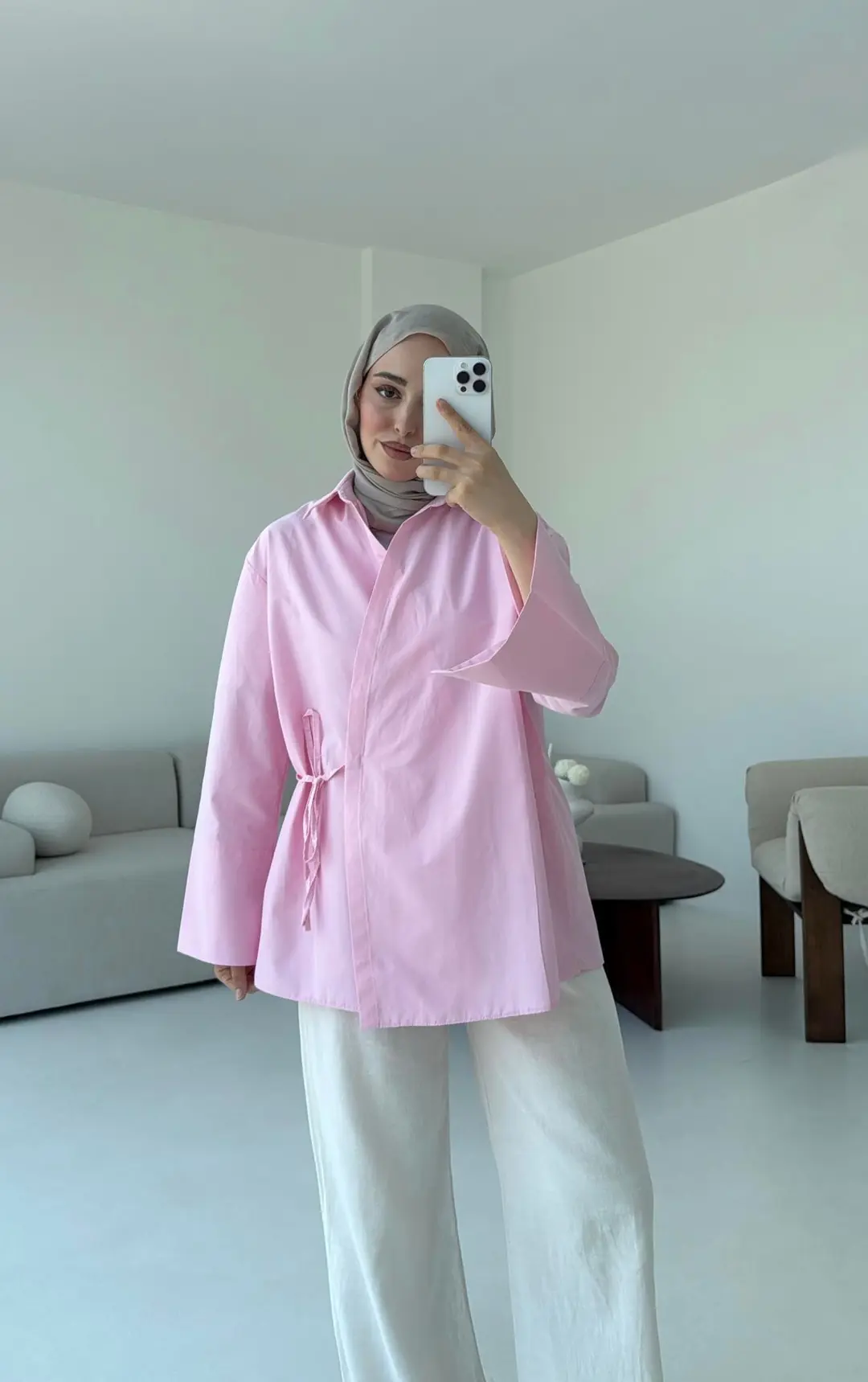 Çapraz Bağlamalı Kol Detay Gömlek Pembe