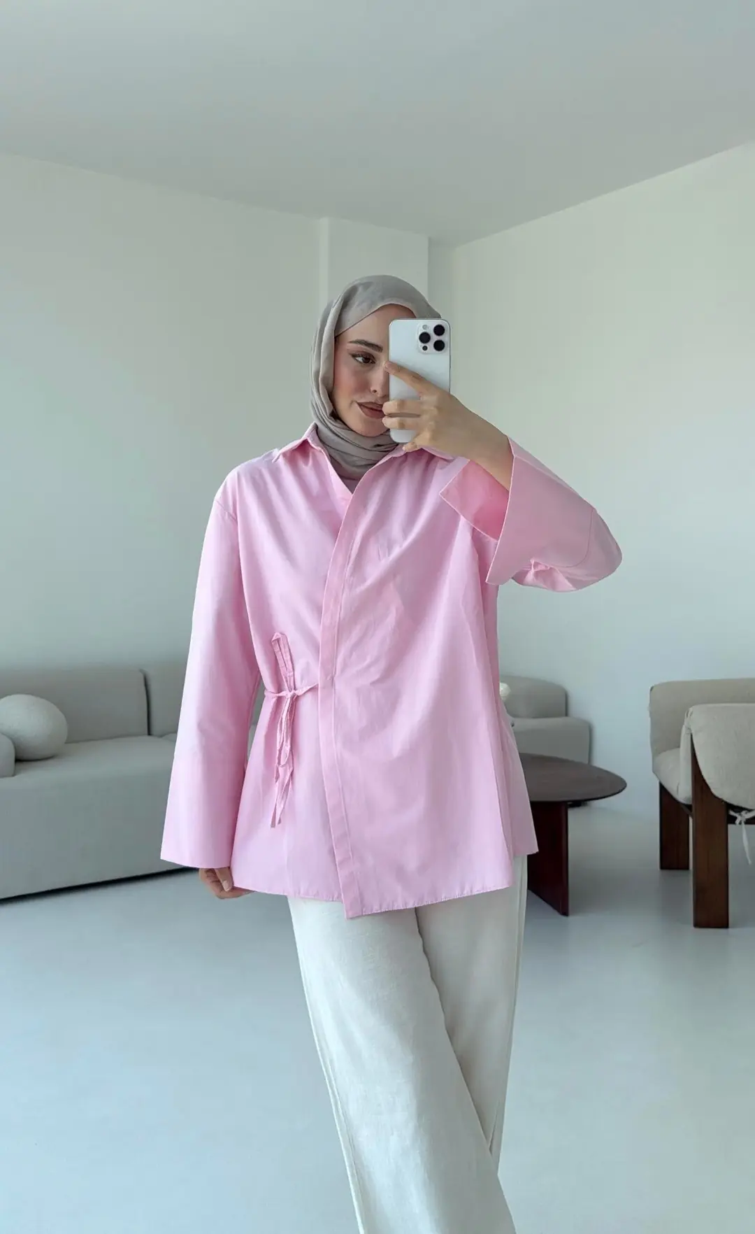 Çapraz Bağlamalı Kol Detay Gömlek Pembe