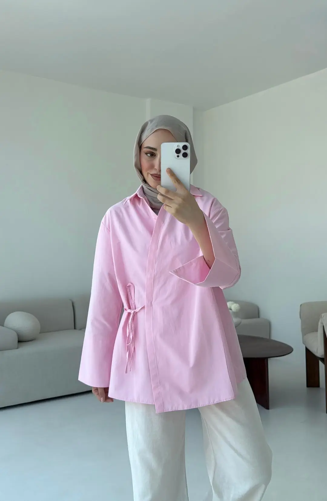 Çapraz Bağlamalı Kol Detay Gömlek Pembe