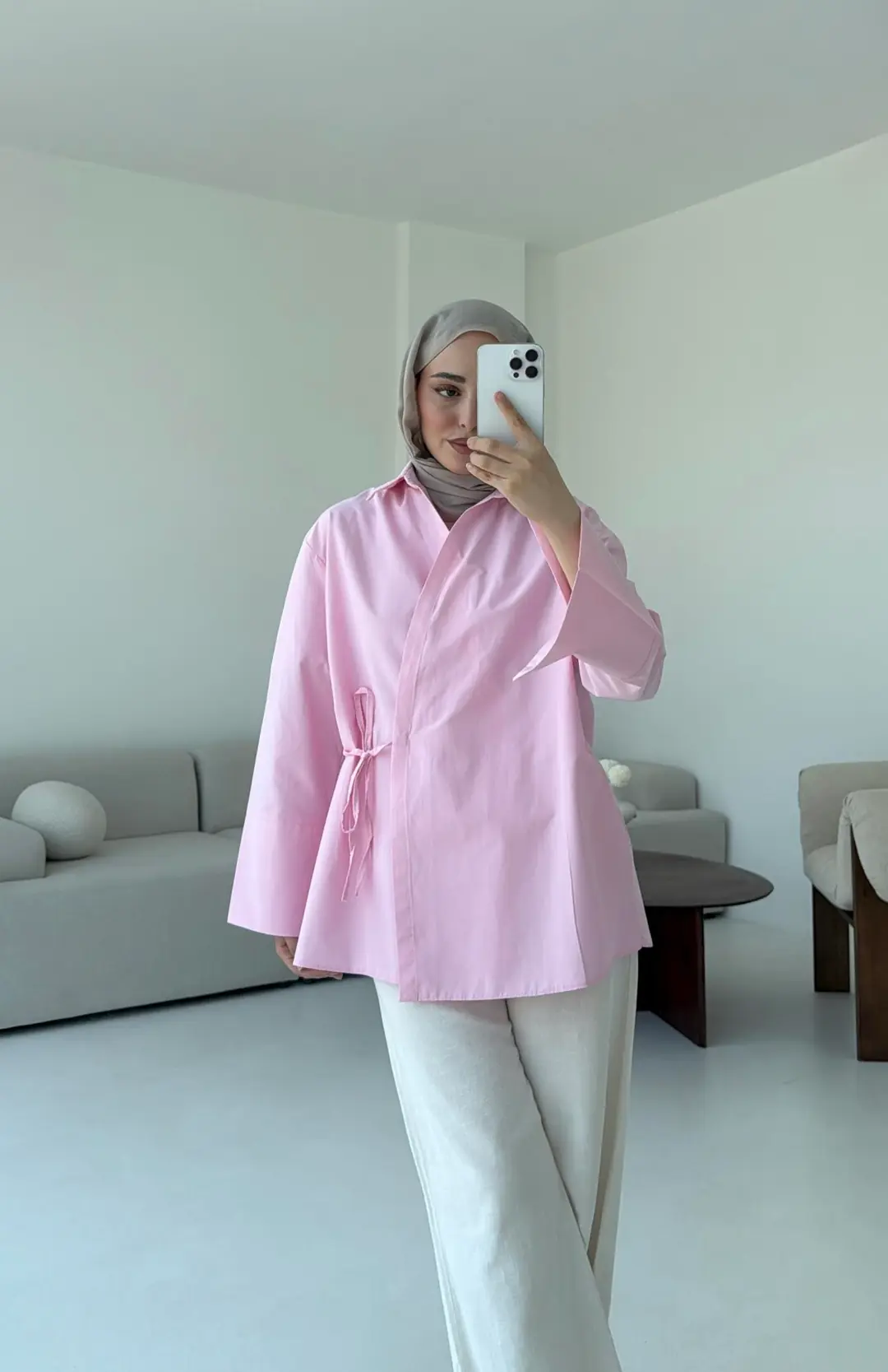 Çapraz Bağlamalı Kol Detay Gömlek Pembe