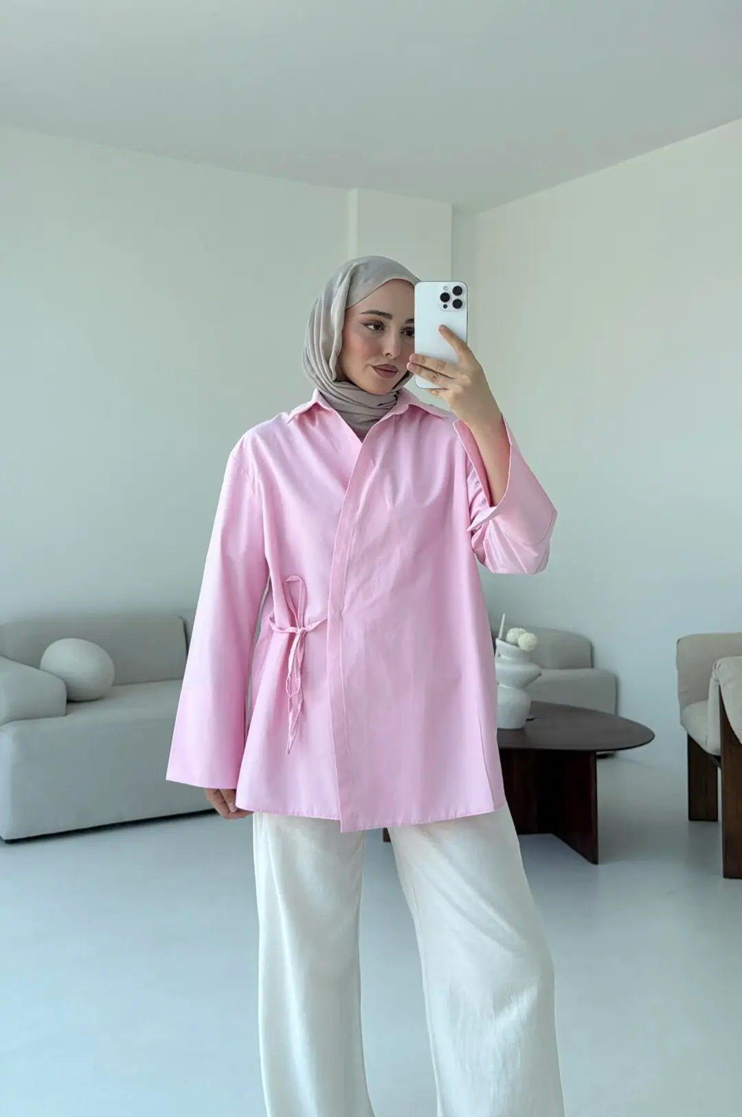 Çapraz Bağlamalı Kol Detay Gömlek Pembe