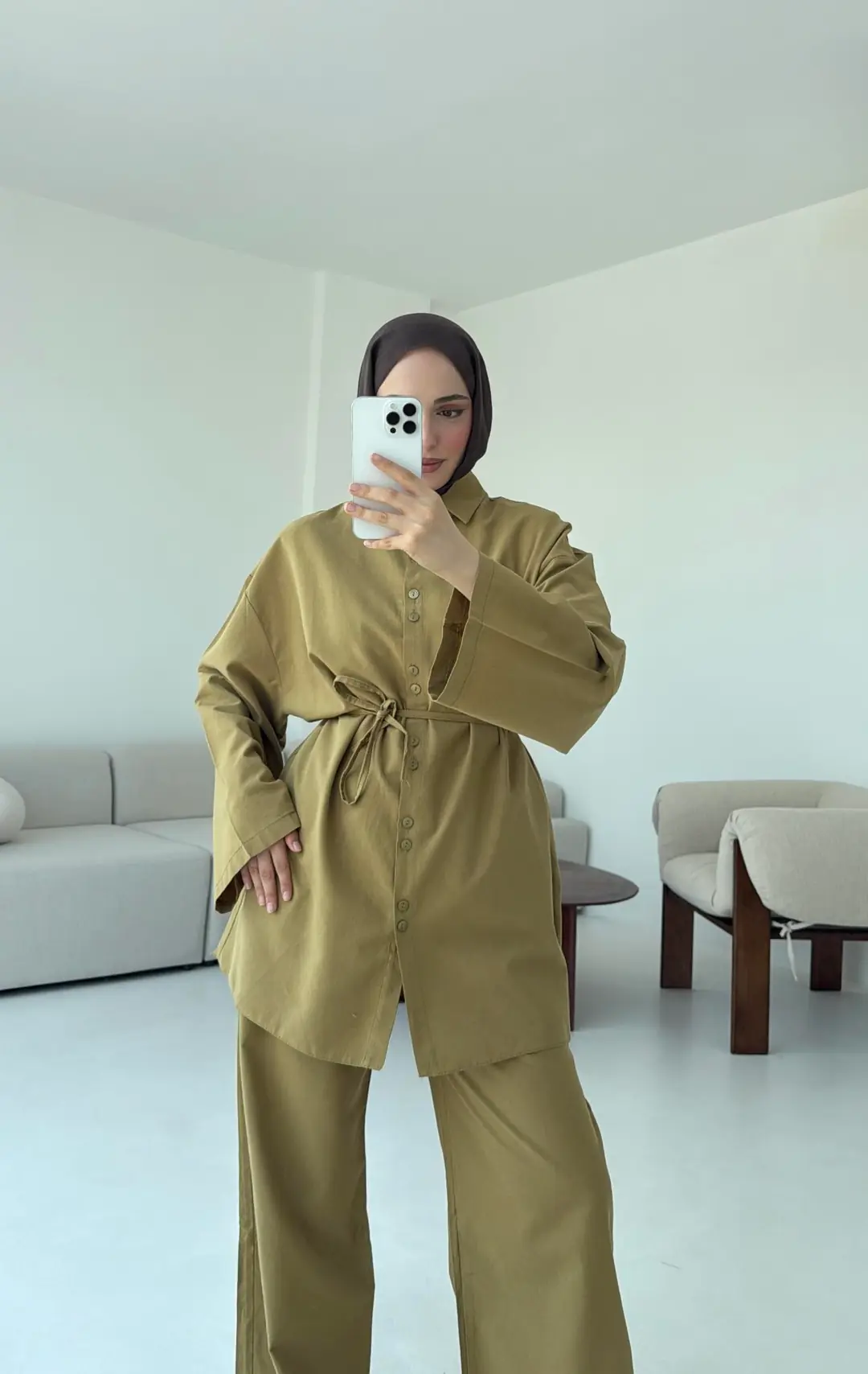 Oversize Keten Gömlek Takım Olive