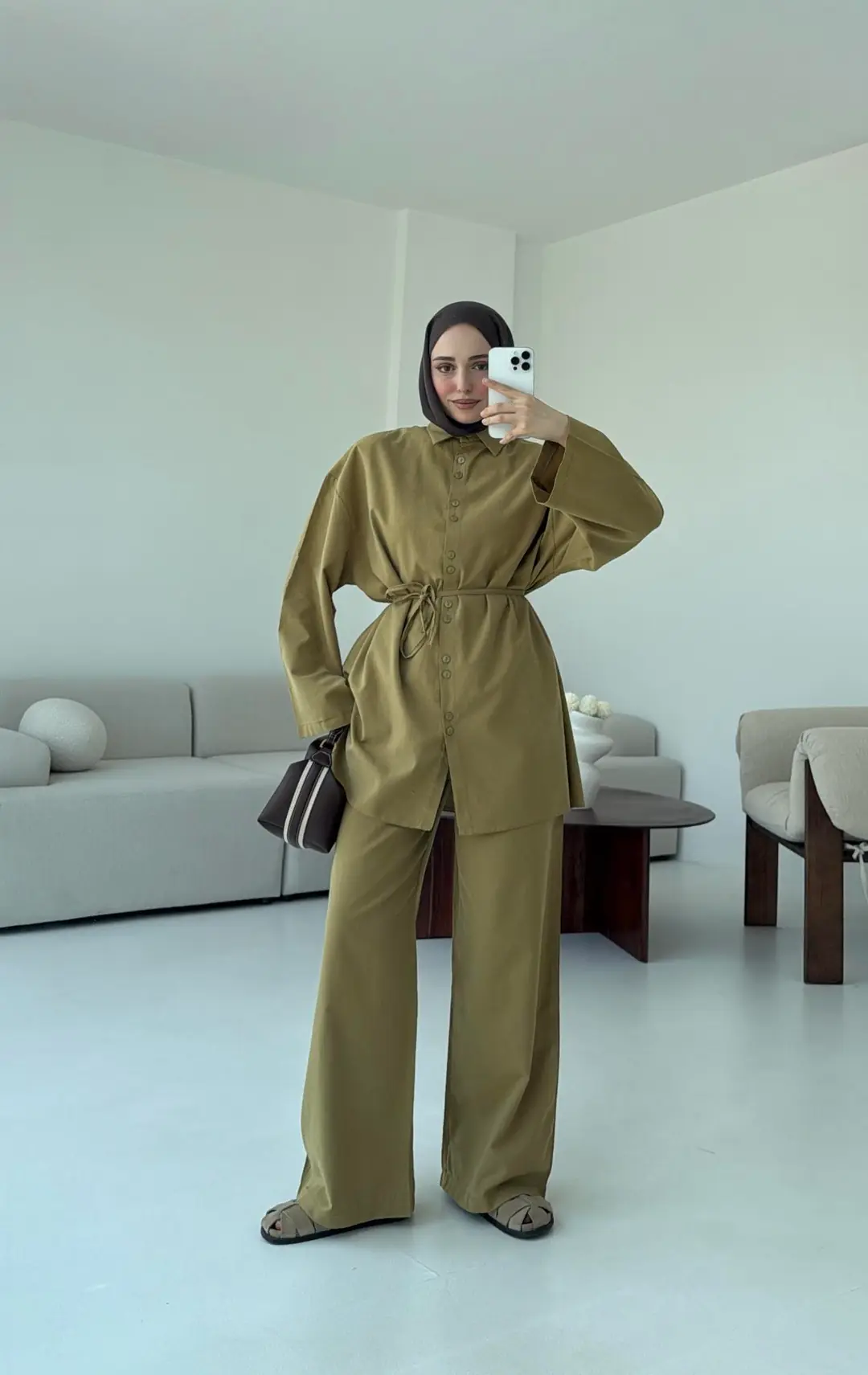 Oversize Keten Gömlek Takım Olive