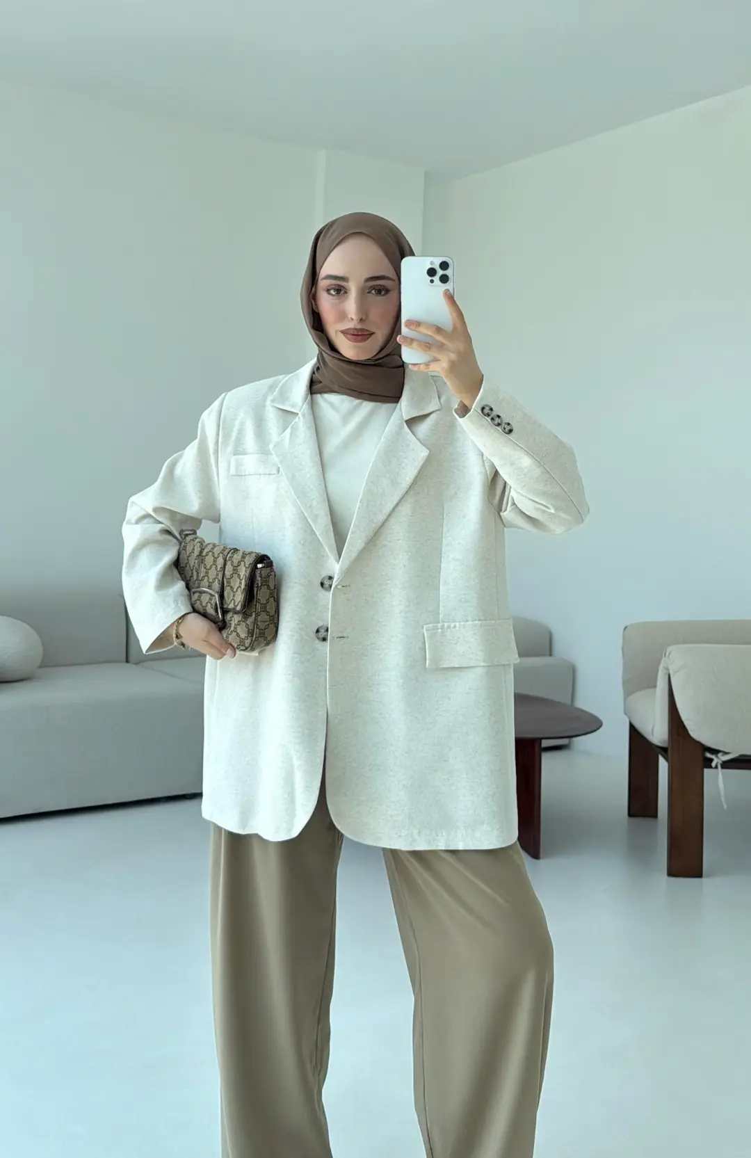 Çift Dügmeli Keten Blazer Natural