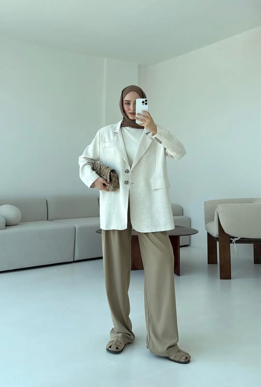 Çift Dügmeli Keten Blazer Natural