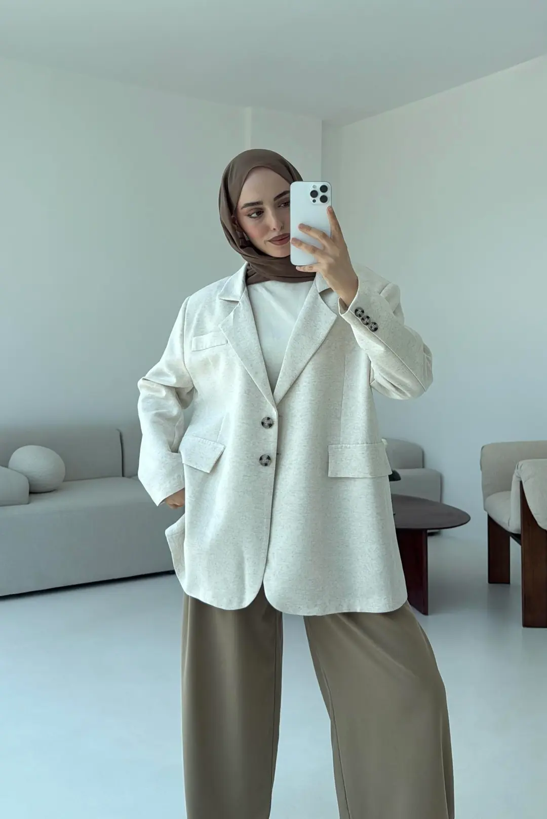 Çift Dügmeli Keten Blazer Natural