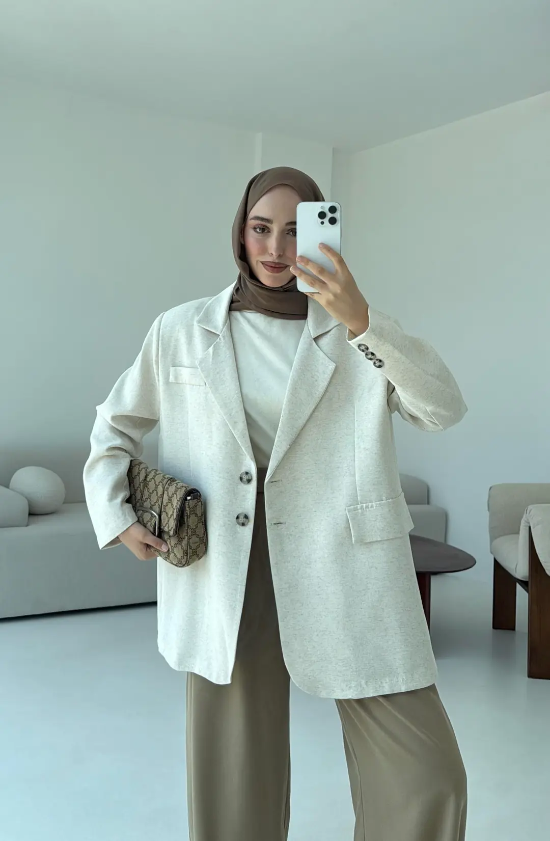 Çift Dügmeli Keten Blazer Natural