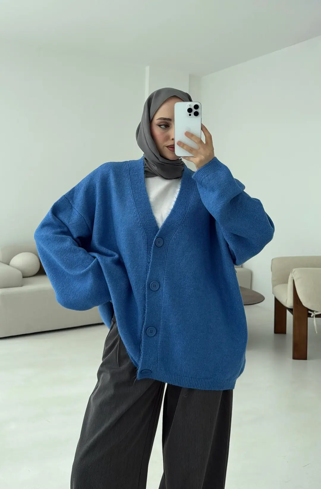 Oversize Yünlü Kazak Mavi