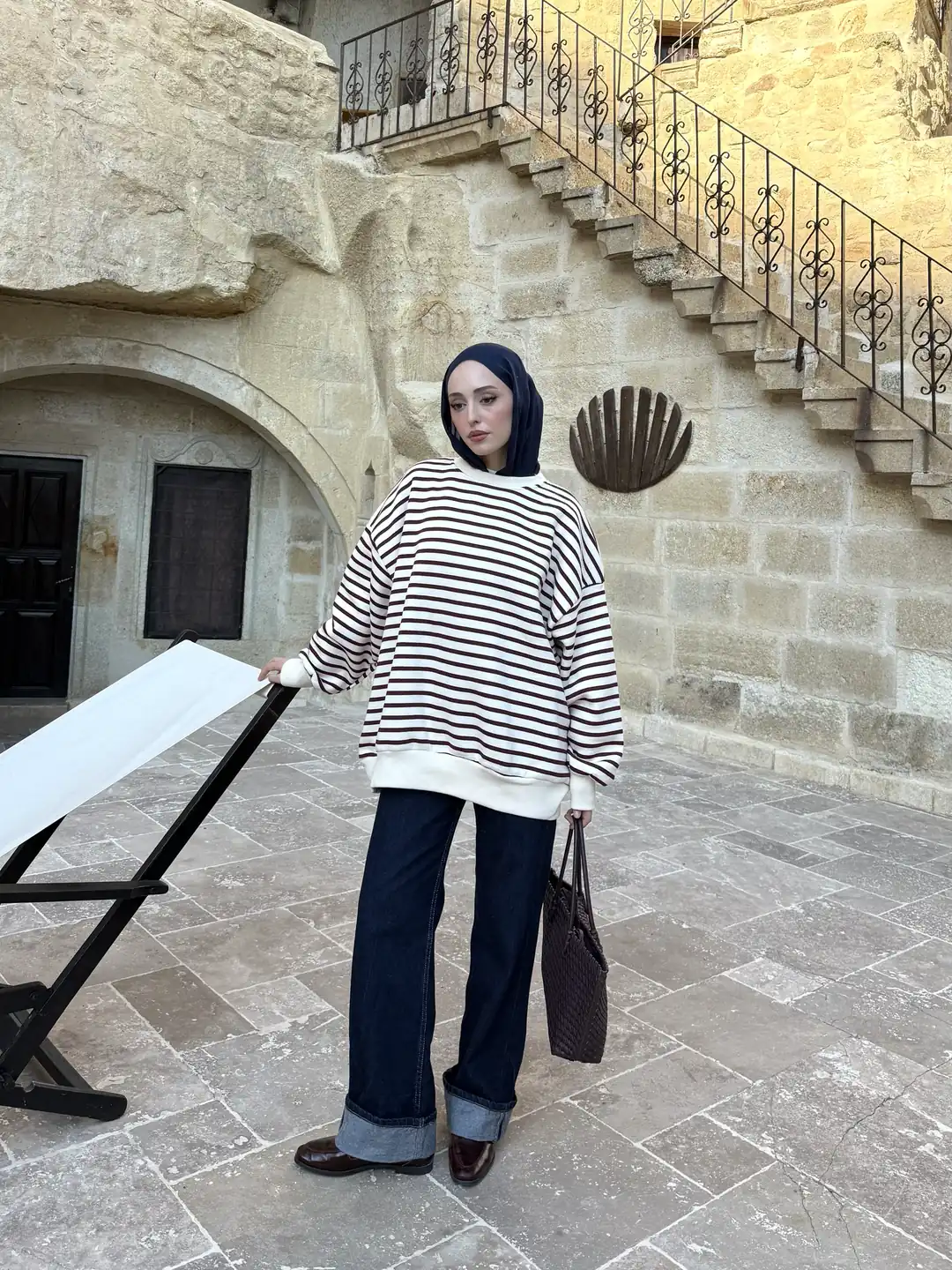 Çizgili Oversize Sweatshirt Bordo
