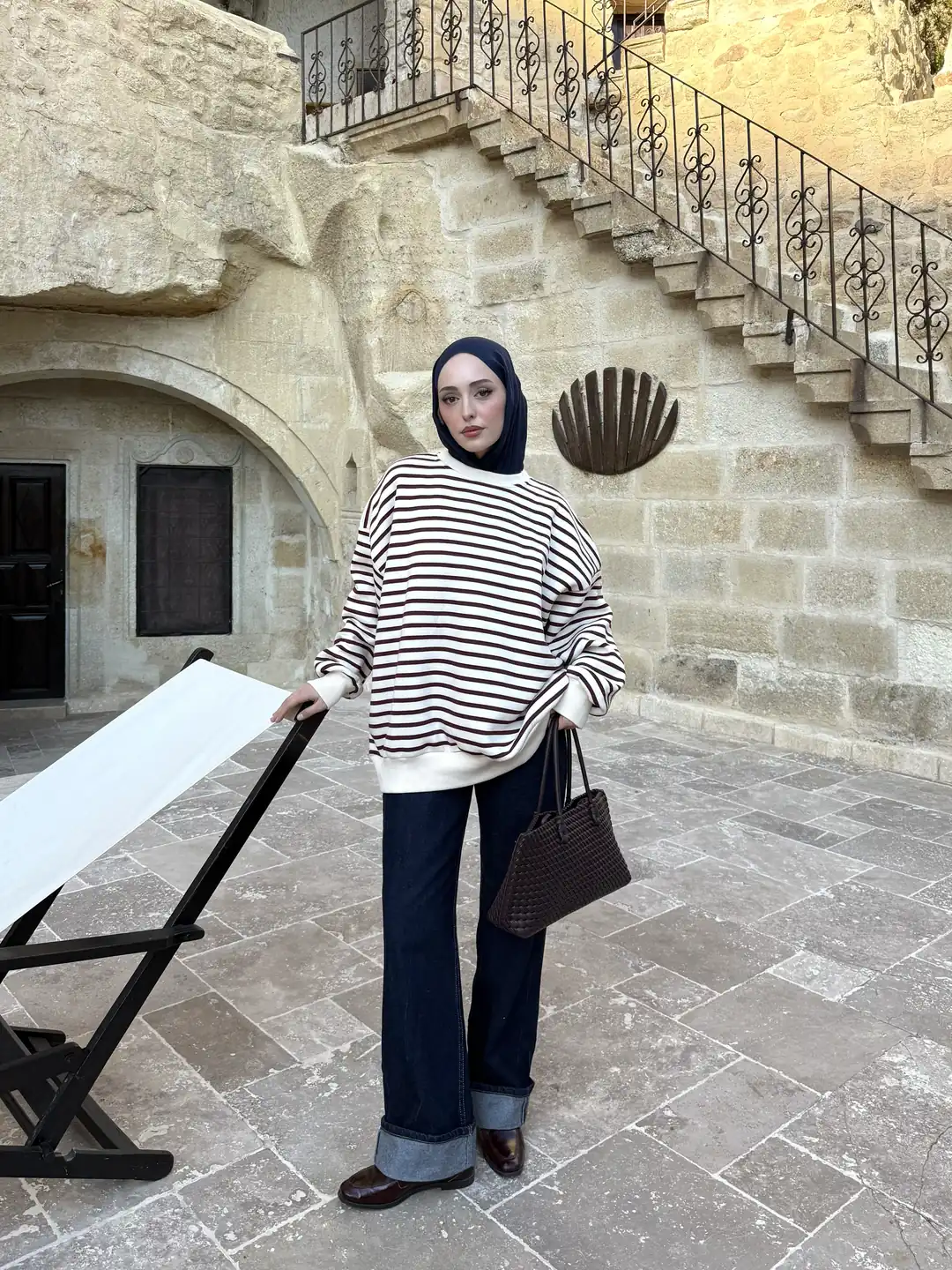 Çizgili Oversize Sweatshirt Bordo