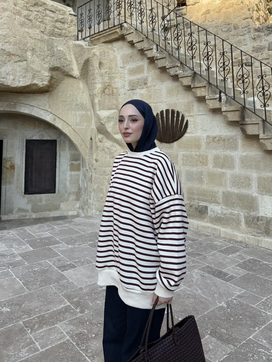 Çizgili Oversize Sweatshirt Bordo