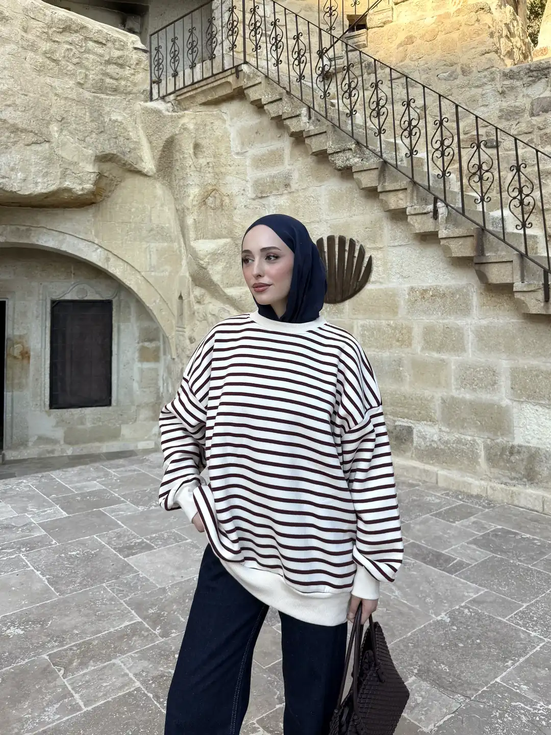 Çizgili Oversize Sweatshirt Bordo