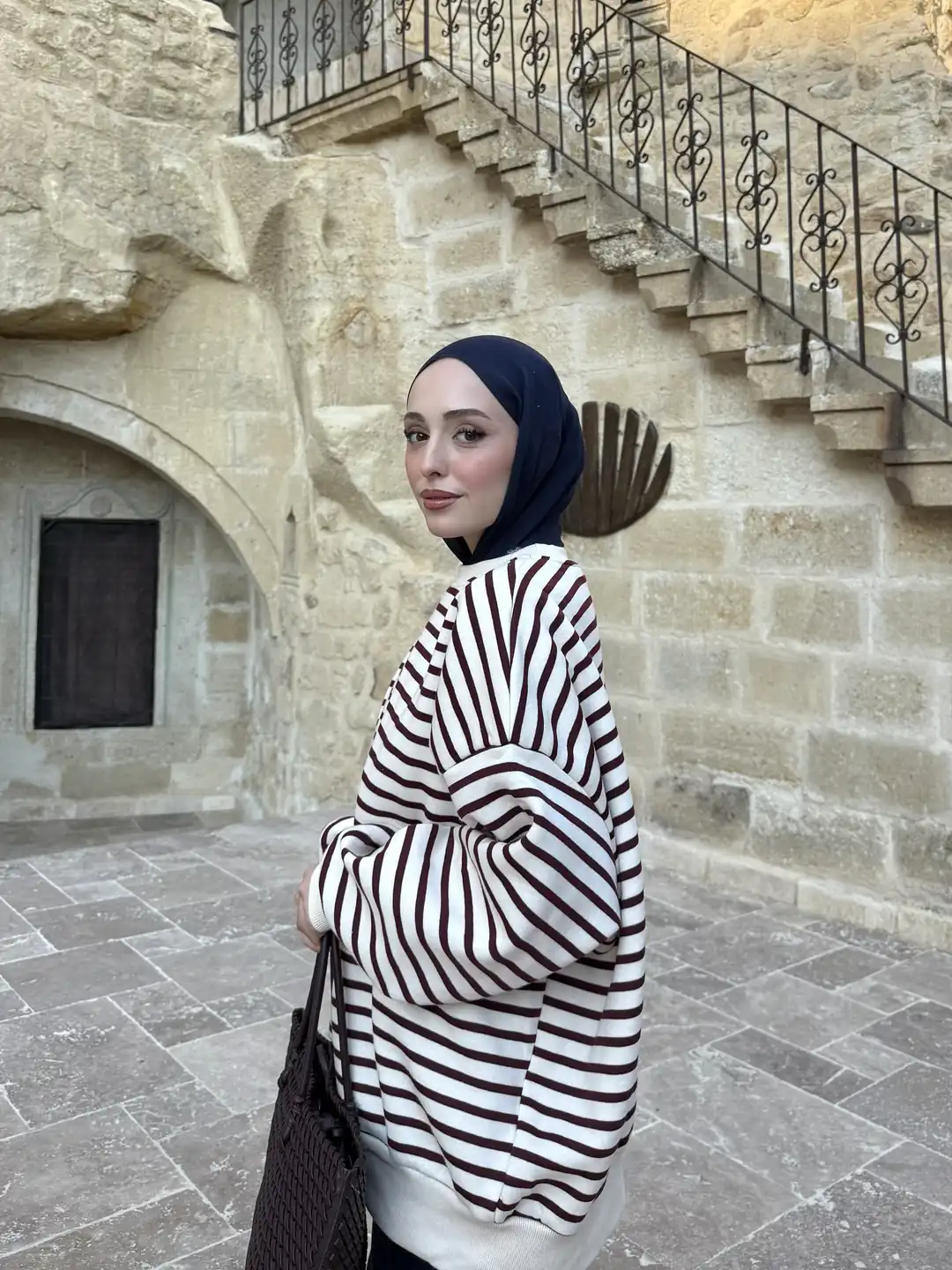 Çizgili Oversize Sweatshirt Bordo
