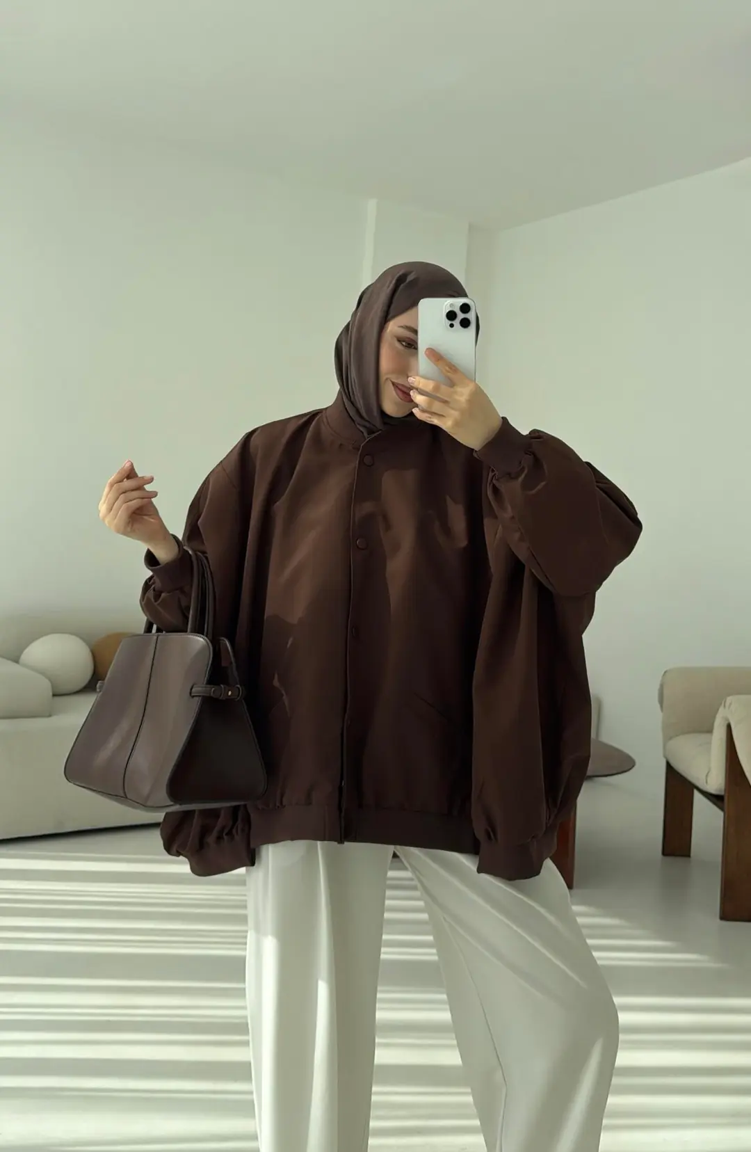 Overize Asimetrik Kesim Bomber Ceket Kahve