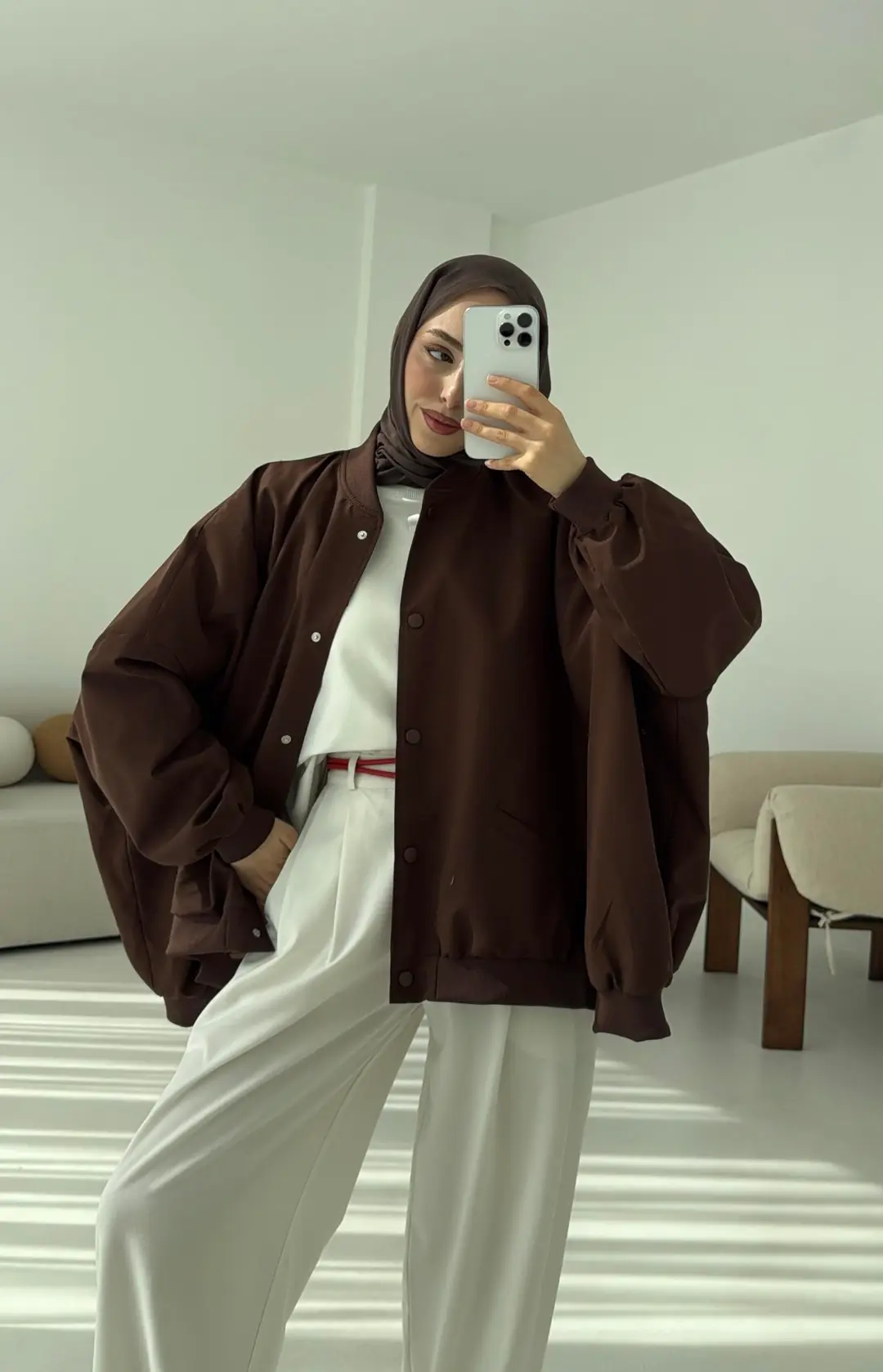 Overize Asimetrik Kesim Bomber Ceket Kahve