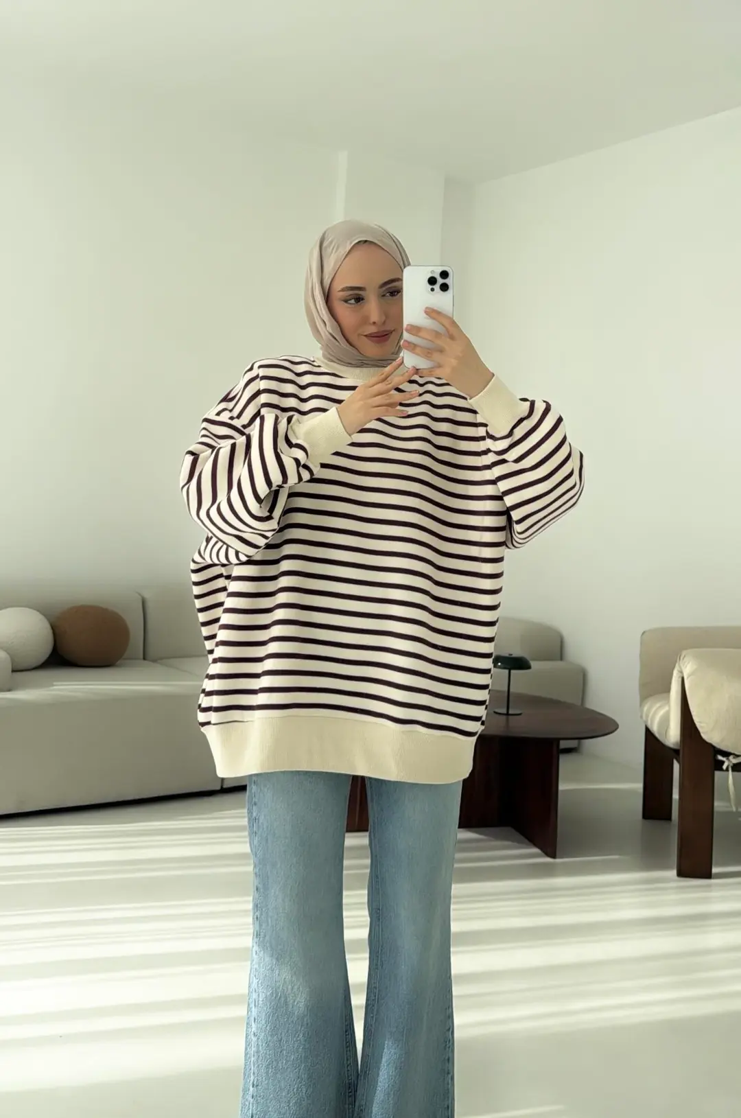 Çizgili Oversize Sweatshirt Bordo