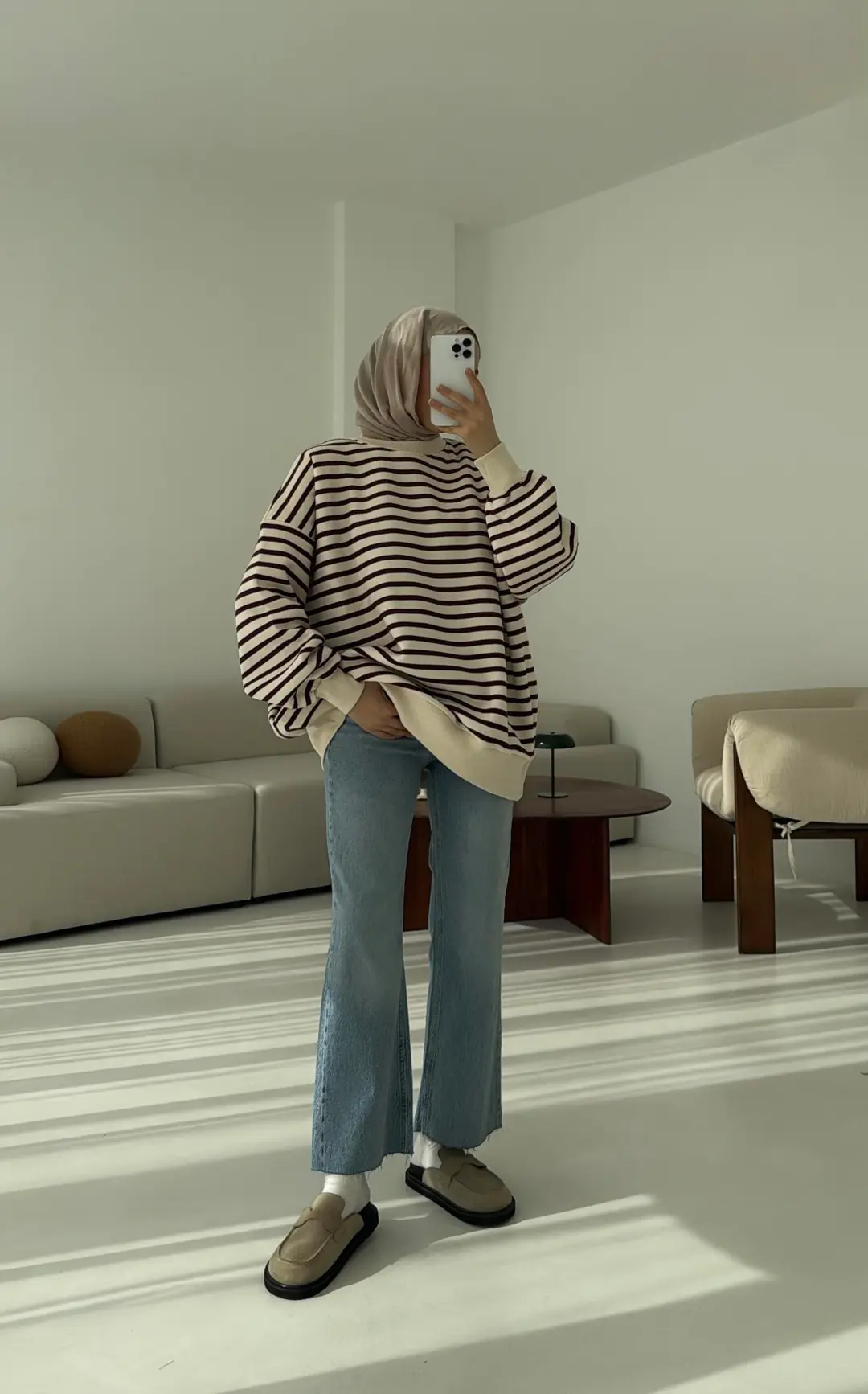 Çizgili Oversize Sweatshirt Bordo