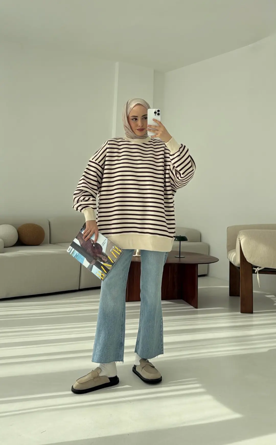 Çizgili Oversize Sweatshirt Bordo