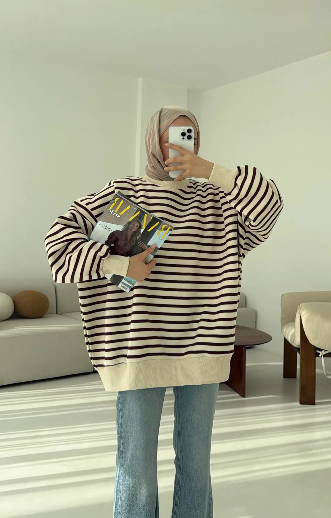Çizgili Oversize Sweatshirt Bordo