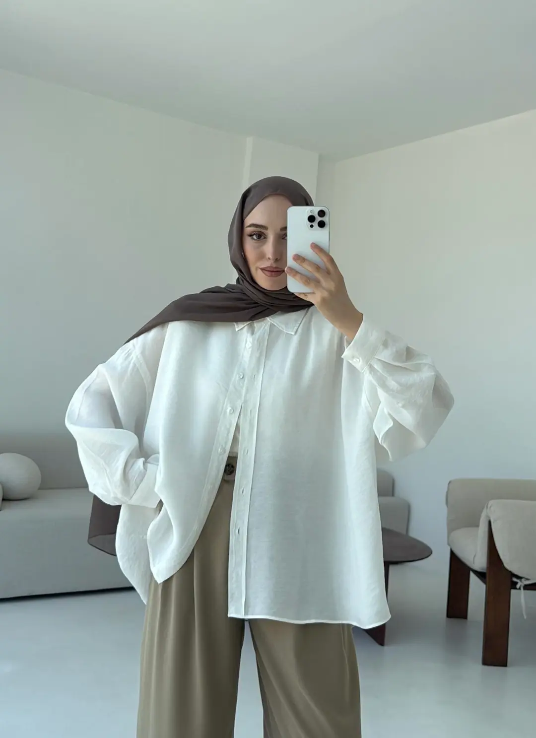 Tencel Pis Dikiş Oversize Beyaz Gömlek