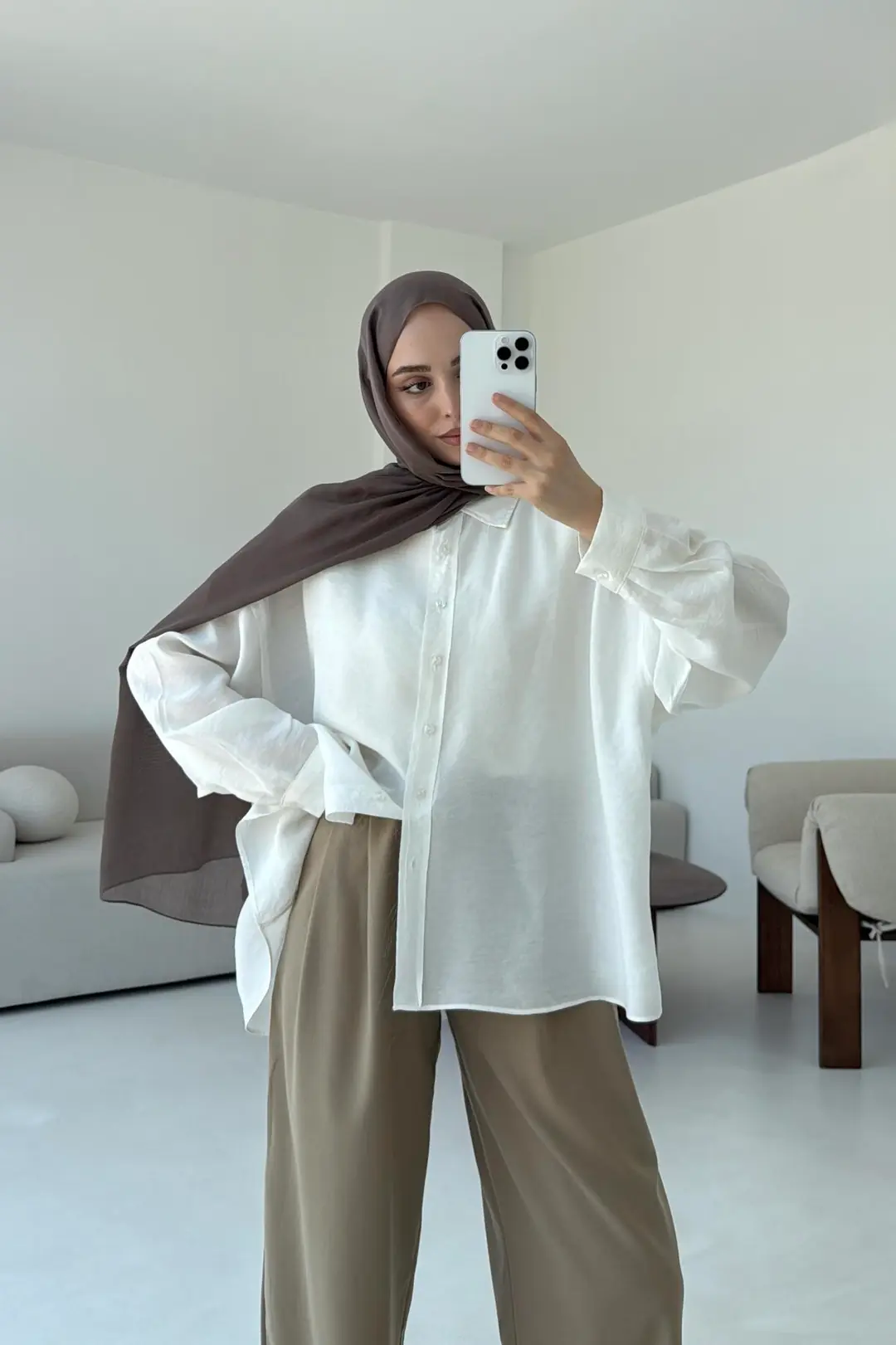 Tencel Pis Dikiş Oversize Beyaz Gömlek