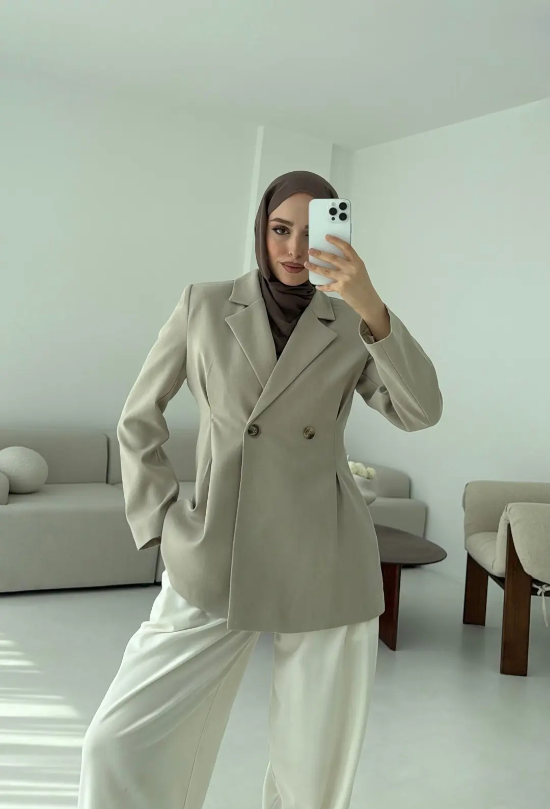 Pile Detay Blazer Ceket Taş