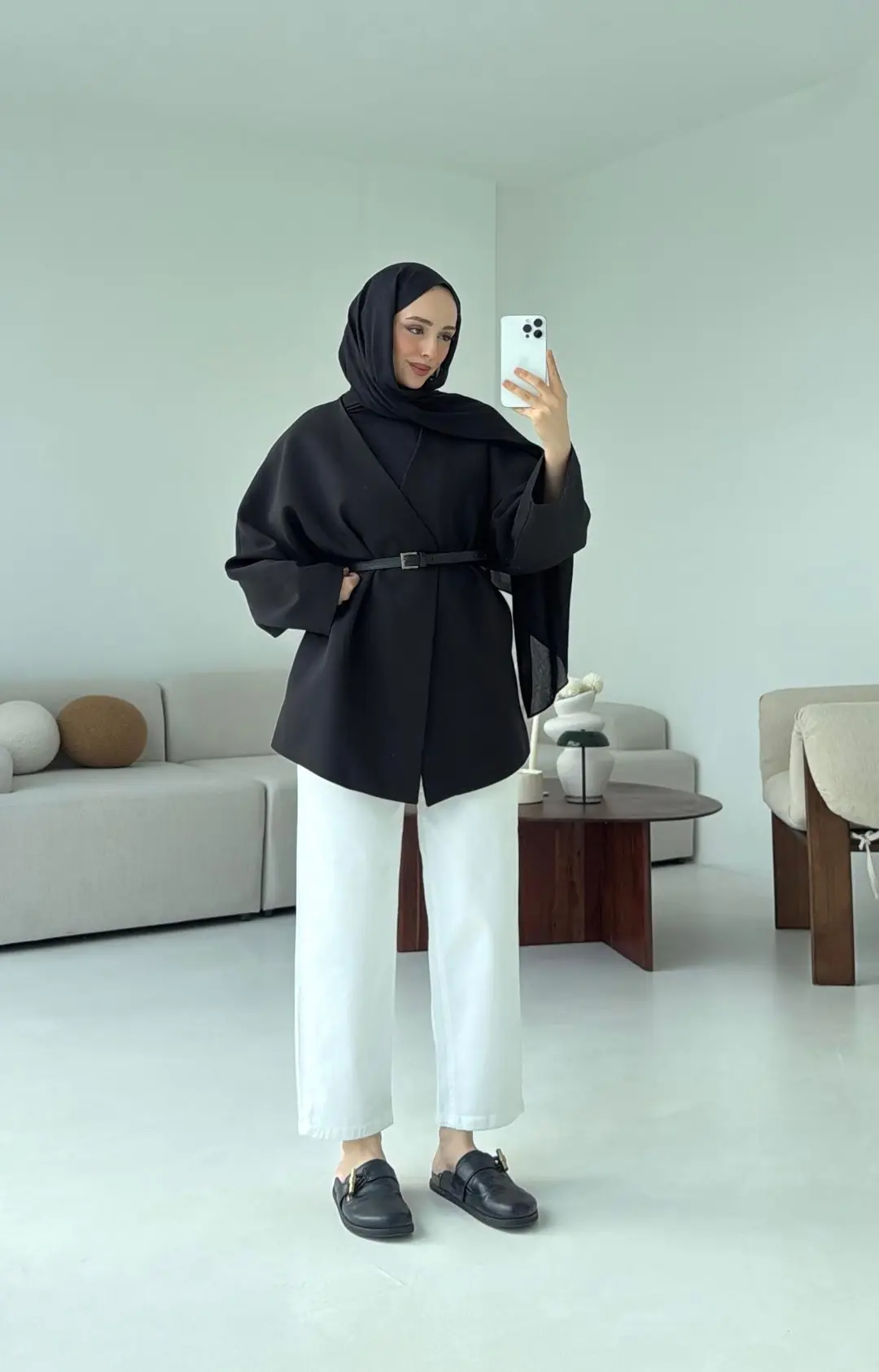 Deri Kemer Detay Oversize Ceket Siyah