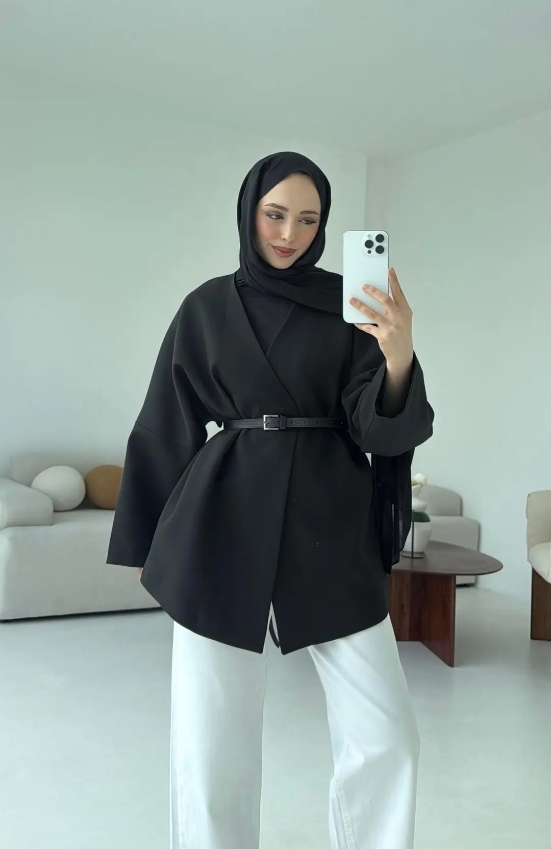 Deri Kemer Detay Oversize Ceket Siyah