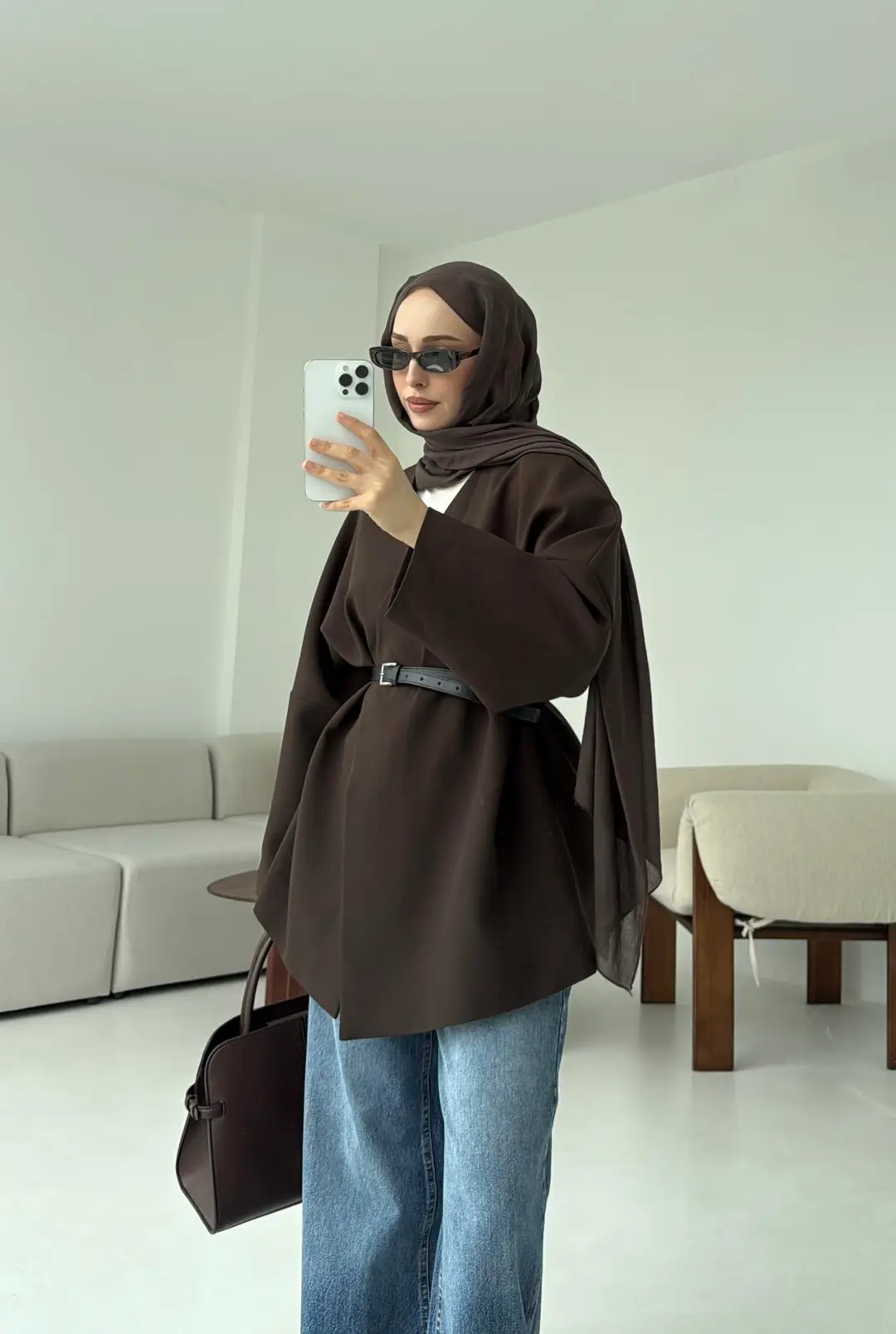 Deri Kemer Detay Oversize Ceket Kahve