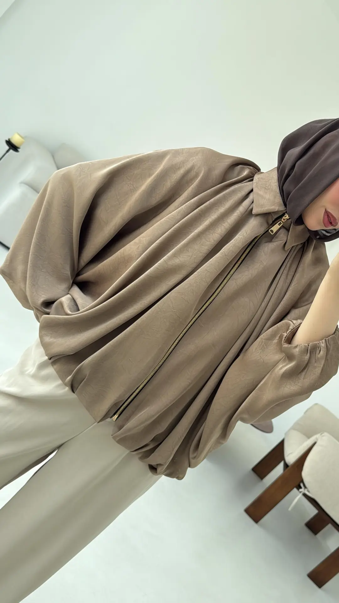 Bomber Saten Ceket Camel