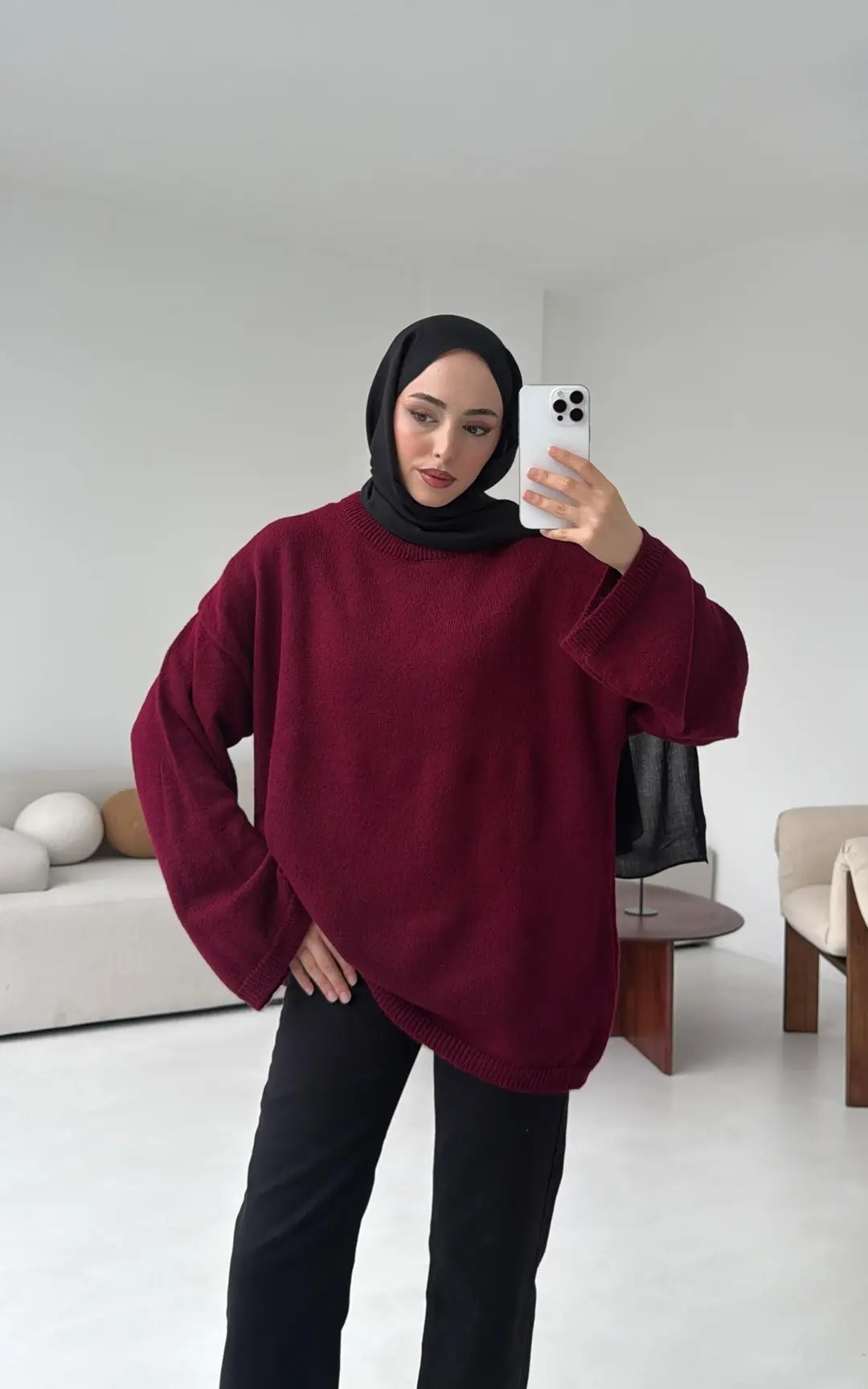 Geniş Kol Basıc Kazak Bordo
