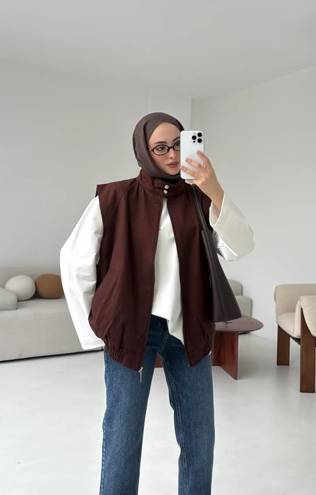 Dik Yaka Kahve Gabardin Yelek
