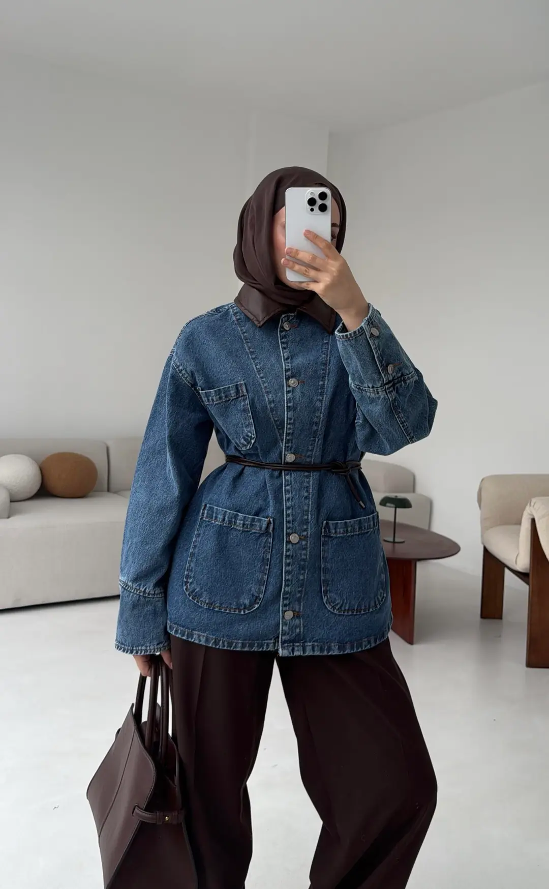 Yakası Deri Denim Ceket