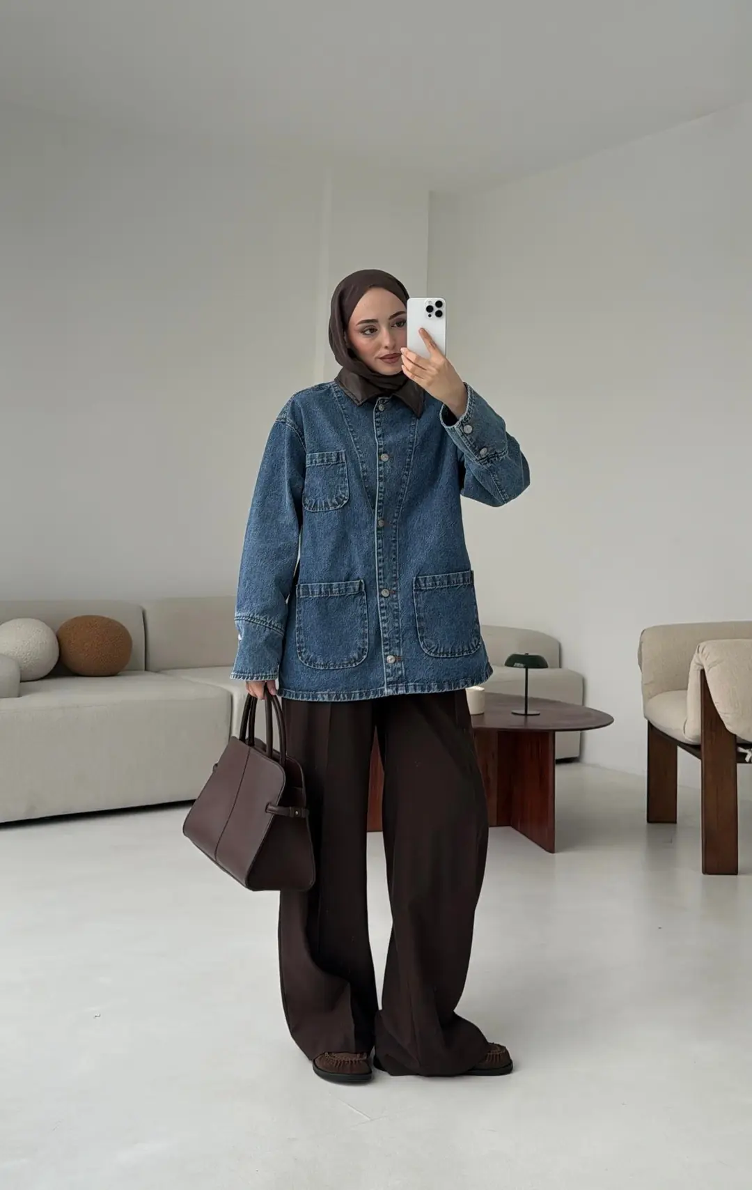 Yakası Deri Denim Ceket