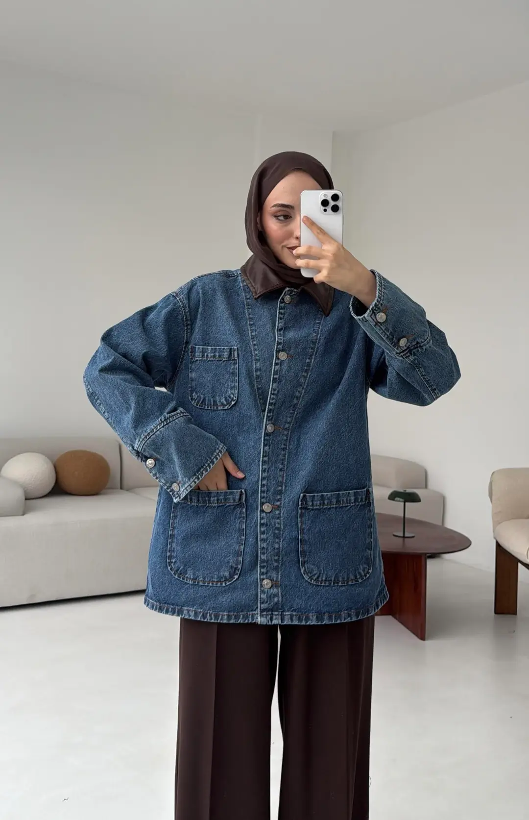 Yakası Deri Denim Ceket